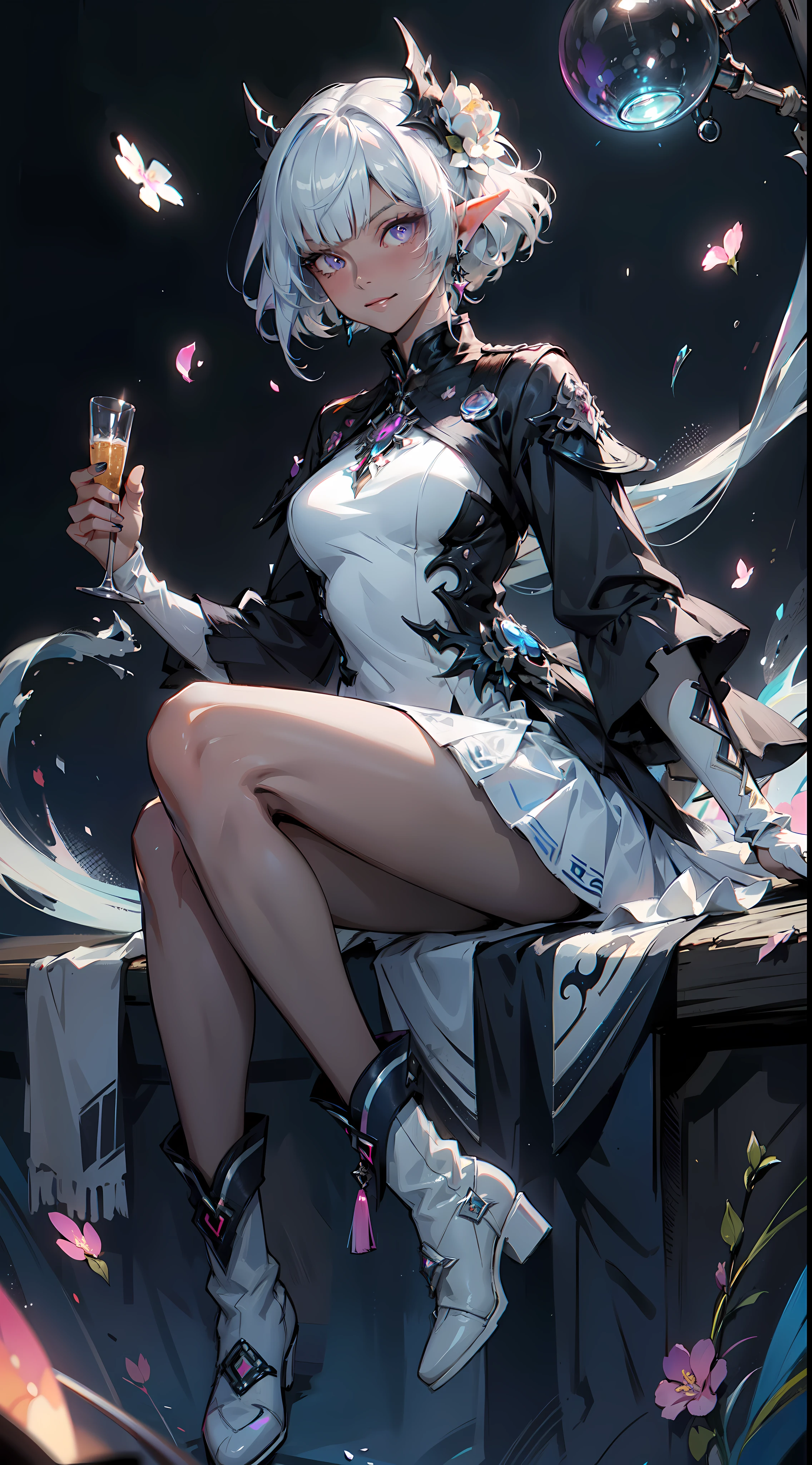 ((masterpiece, best quality)), official art, 8k wallpaper, ultra detailed, mature dark elf girl, ((dark blue and white dress)), girl in a buble, sitting, flowers, expressionless, ((White boots)), glass texture, light transmission, spectral light, gradient translucent glass melt, caustic, transparent glass texture, high detail luminescence, (prismatic patterns on hair and clothes:1.3), ((glowing petals encircle and intertwine around her)), watercolor, watercolor style, splatter, vibrant color, art by Artgerm, by Kawacy, by Yoshitaka Amano, BREAK, highly detailed of (dark elf), (1girl), solo, perfect face, details eye, Blunt bangs, (hair between eye), white hair, violet eyes, BREAK, eyelashes, eyeshadow, pink eyeshadow, (dark skin:1.2), glaring, smile, medium breast, BREAK, extremely detailed, Dutch angle,