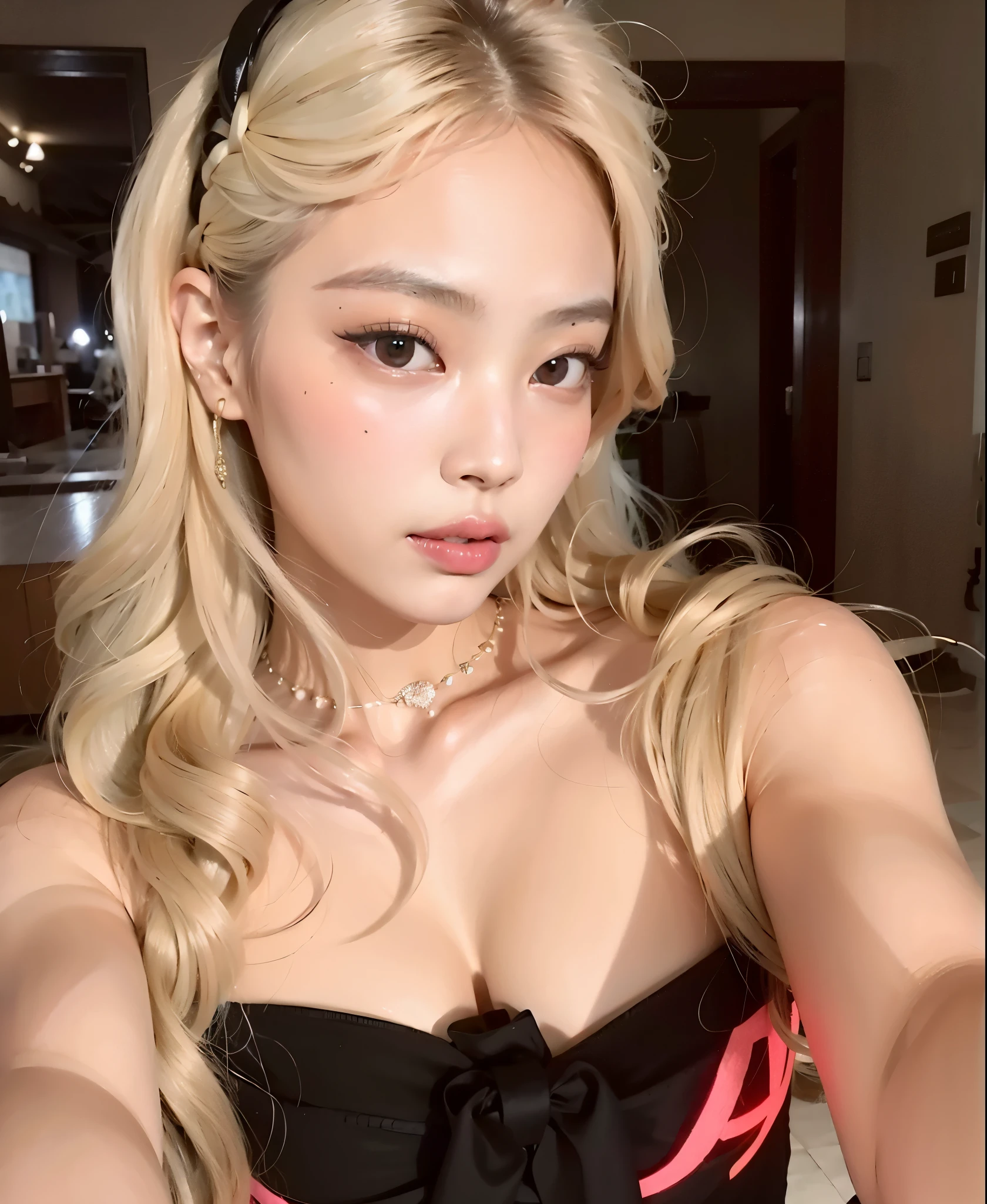 Mulher loira com um top preto e uma gravata borboleta preta, Fotografia selfie 8k, linda mulher coreana jovem, coreana, Mulher sul-coreana bonita, wan adorable korean face, Ulzzang, mulher coreana jovem bonita, Parque Roseanne do Blackpink, Modelo IG | Artgerm, Retrato de Jossi de Blackpink, young adorable korean face, 韓国アイドル