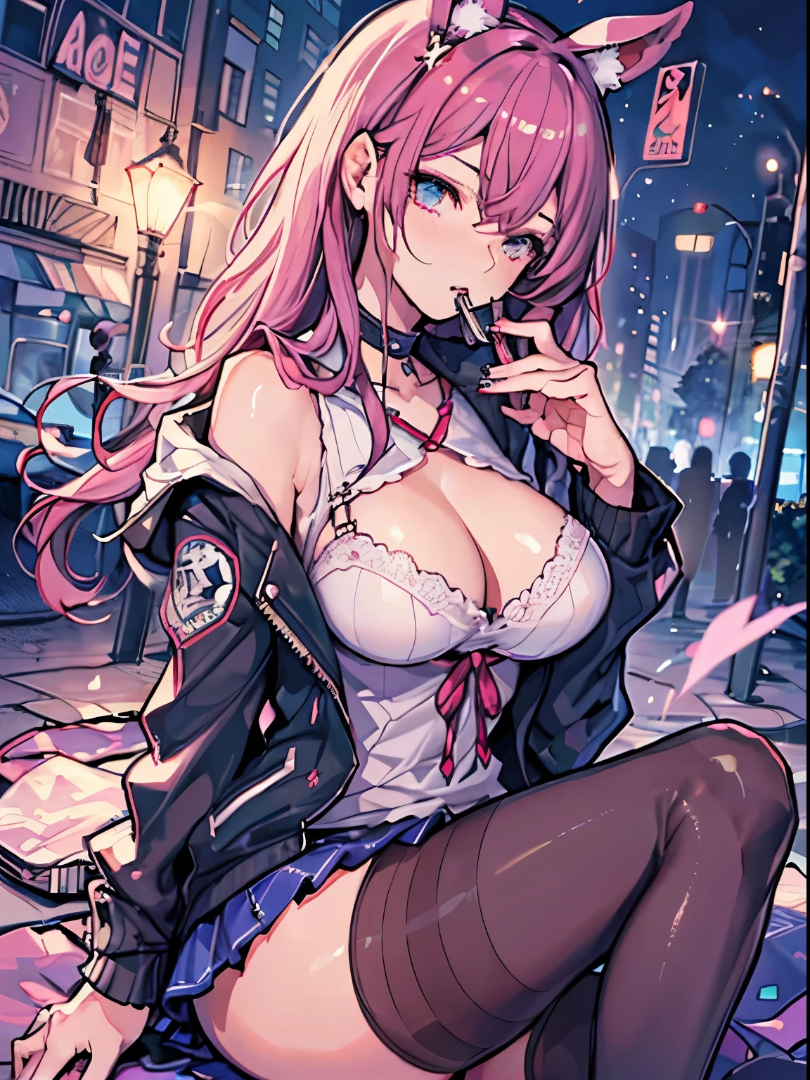 best qualtiy, 超A high resolution, (realisticlying:1.4), 1girll,rcasual, jaket, a miniskirt, Sit up, Lustrous skin, large full breasts,