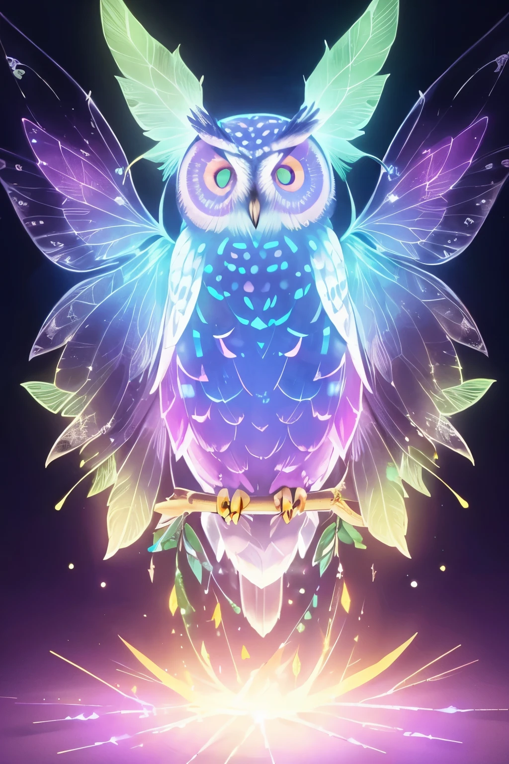 bio luminescent, transparent owl, detail feather fluorescent color), Very colorful, Cute, (A fluttering magical aura:1.3, Aura that surrounds the owl:1.3), (masutepiece), (Best Quality), (ultra high detail)