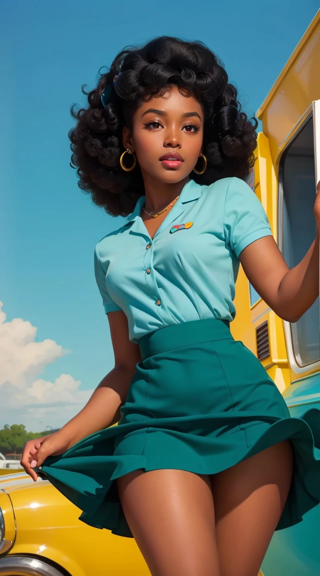 20 years old girl , dark skin, afro hair, vintage, retro pin up style,sexy, , surprised, mini tight skirt, flowing skirt, colorful ,teal color scheme, masterpieces art work, illustrated,