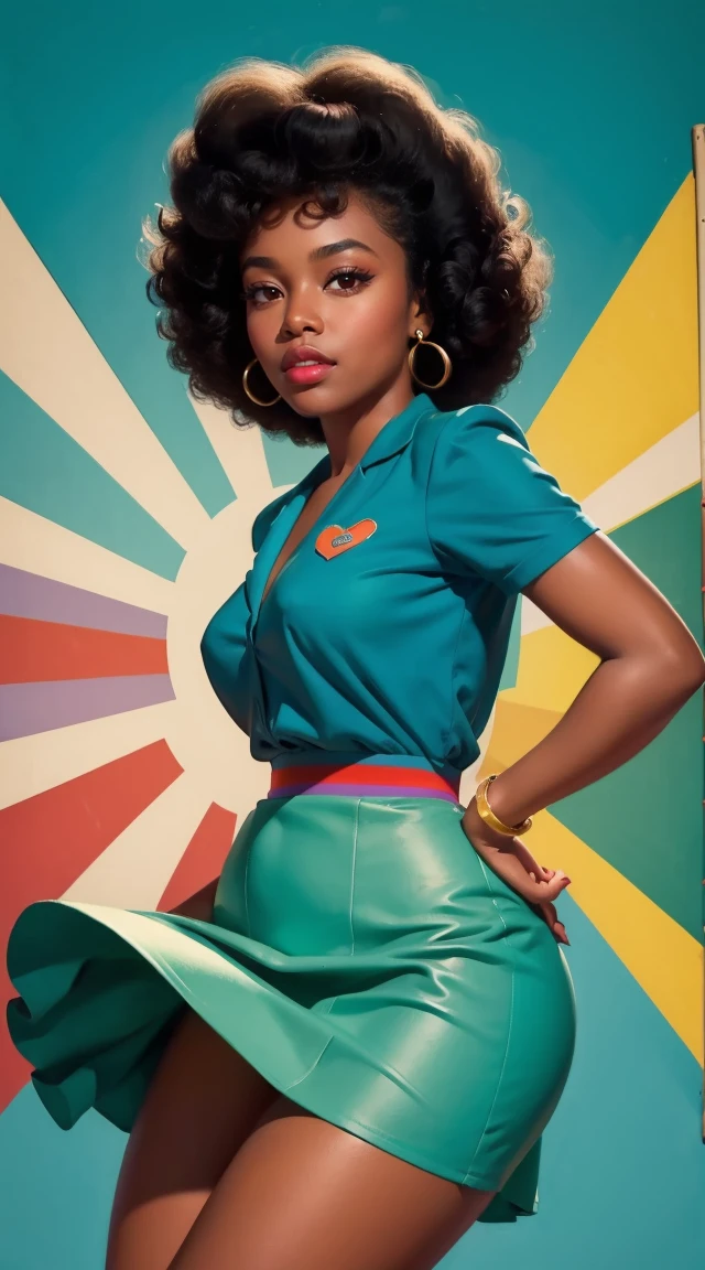 20 years old girl , dark skin, afro hair, vintage, retro pin up style,sexy, , surprised, mini tight skirt, flowing skirt, colorful ,teal color scheme, masterpieces art work, illustrated,