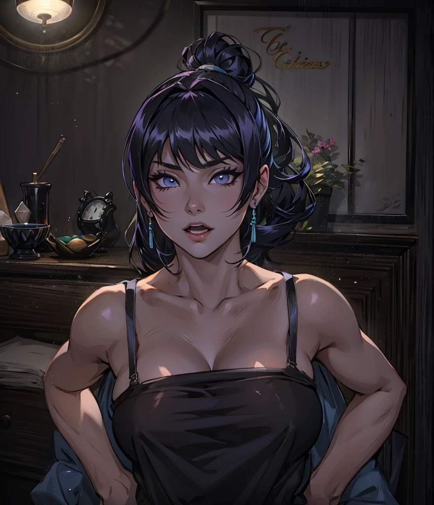 Arte detalhado, Nyotengu de Dead or Alive, personagem estilo Tekken, Ires dos olhos roxos claro e brilhantes, Manga Art Style, colorido, cores vivas, ires dos olhos roxo claro e brilhantes, batom preto, olhar cativante, de top e legging, Christmas tree in the background and Christmas decorations
