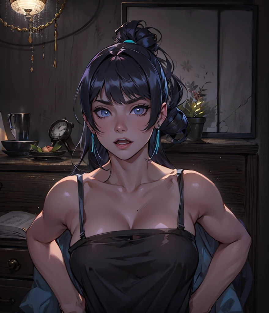 Arte detalhado, Nyotengu de Dead or Alive, personagem estilo Tekken, Ires dos olhos roxos claro e brilhantes, Manga Art Style, colorido, cores vivas, ires dos olhos roxo claro e brilhantes, batom preto, olhar cativante, de top e legging, Christmas tree in the background and Christmas decorations