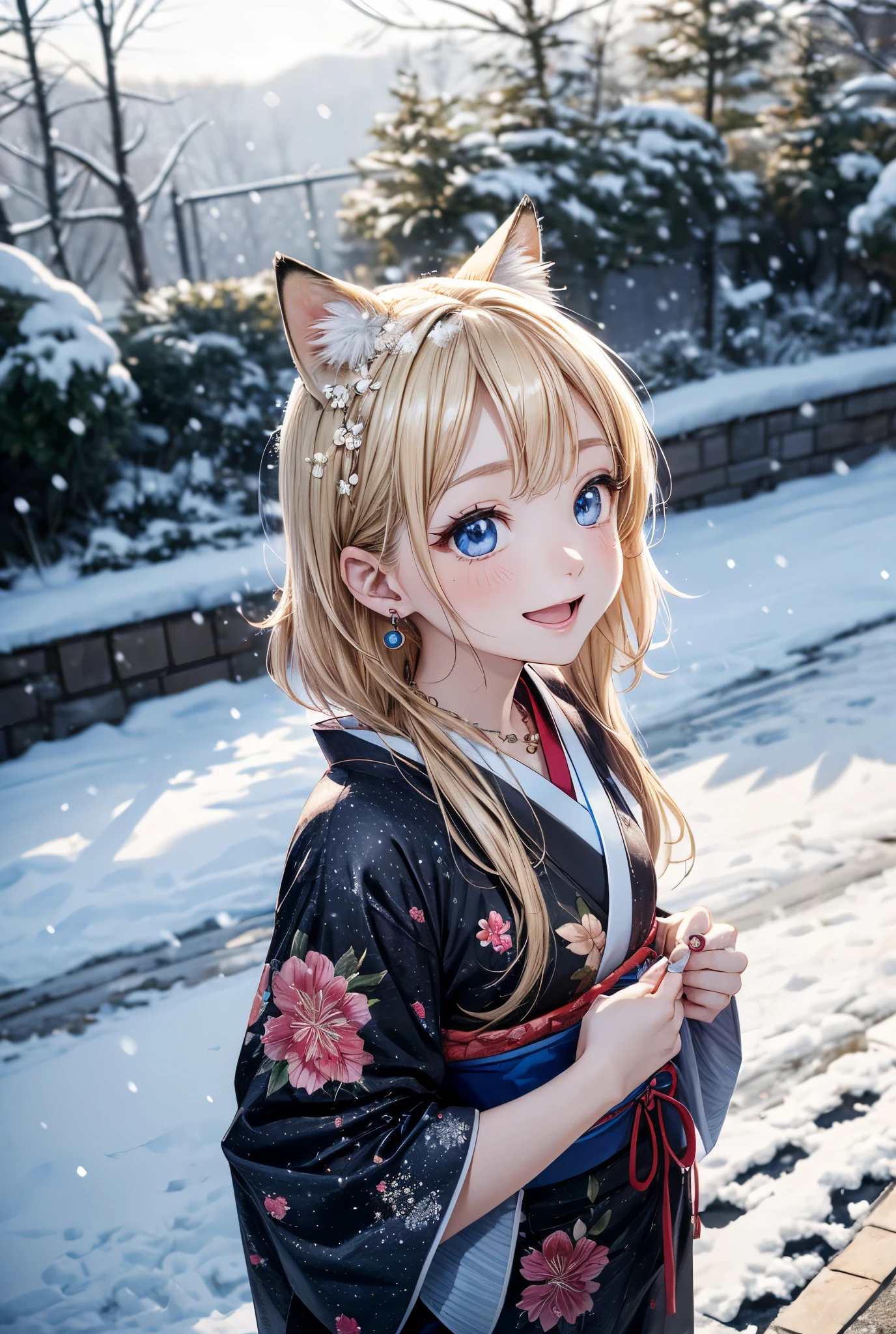 Melody Mark,of the highest quality, Best Masterpiece, ultra-detailliert,fox village, (1 fox girl),(It's snowing:1.3), (look up sky:1.3), (fox is playing:1.2), (Happy face: 1.3), red blush, (blonde short low tail: 1.4), Shiny hair, (Deep Blue Eyes:1.4), Small earrings, Small necklace,(Jet black and floral patterned Japanese clothes:1.4),Sunlight,light reflections ,Kemomimi