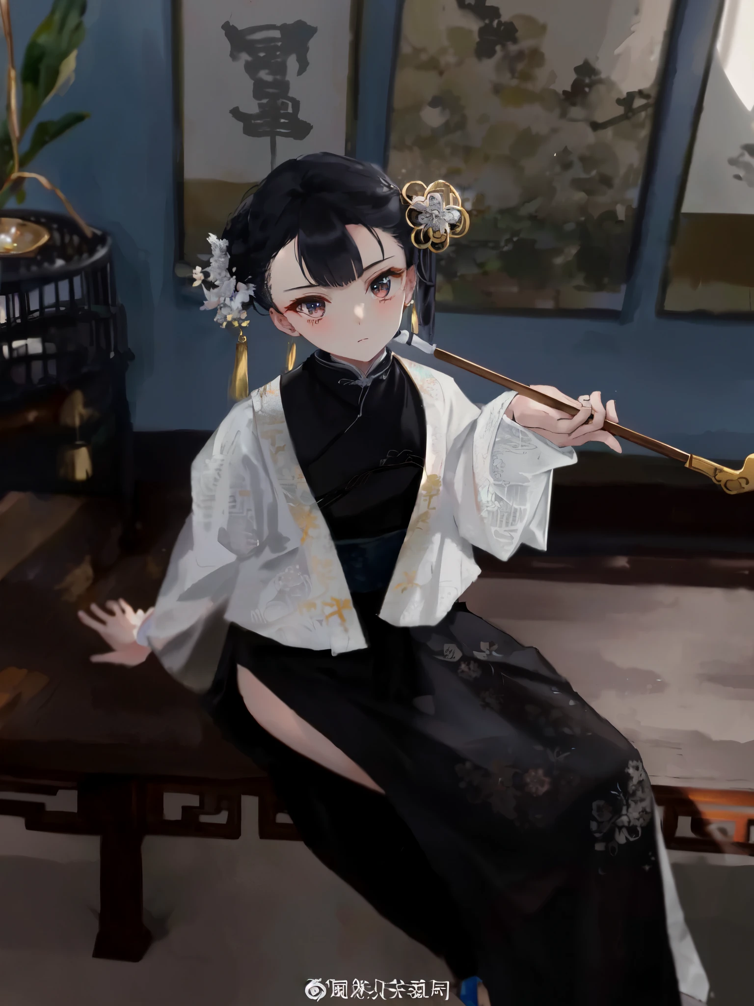 a close up of a doll sitting on a table holding a stick, serious face, palace , a girl in hanfu, with acient chinese clothes, cute pocelain doll, ball jointed doll, very detailed and rich clothing, white hanfu, detailed image, full body xianxia, detailed picture, wearing a black noble suit, chinese style, hanfu, chinese costume
