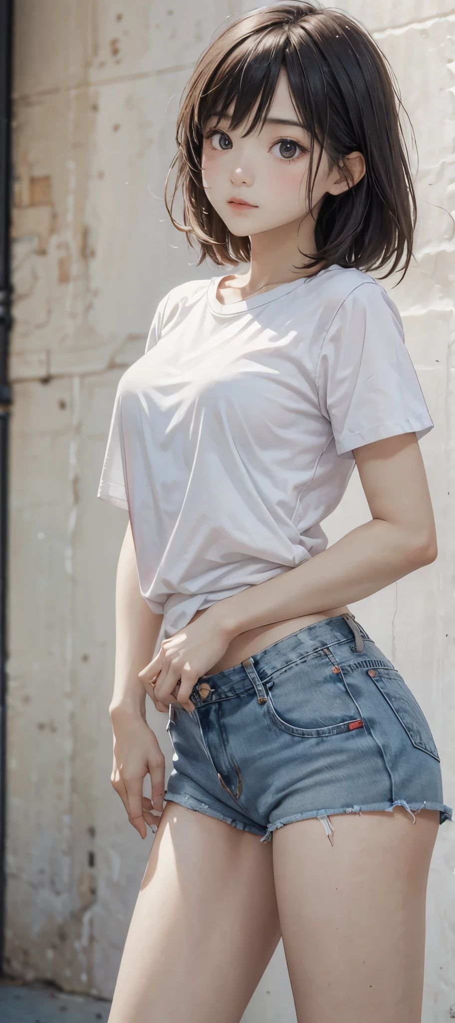 Adorable Girl . Very Kawaii , Round Face . Solo , Slim , Medium Breasts , Short Stature . Glossy Skin . Plain White T-shirt . Shorts . Dynamic Angle . No Background , White Background , looking at viewer, darker shadows, (((absurdres)))