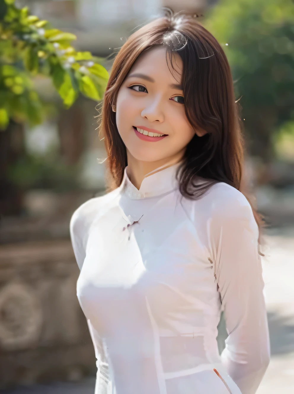 (8K, Raw photo, Best Quality, masutepiece:1.2), high-definition RAW color photography, professional photograpy, cowboyshot, (Realistic, photo Realistic:1.37), ((Best Quality)), 1 girl, Cinematic Light, (finerly detailed face:1.2), (masutepiece:1.5), (Best Quality:1.2), (Smiling:1.2), (Looking at Viewer:1.2), Solo, Vietnamese girl, Beautiful, Cute, , High school students, photo-Realistic, Best Quality, traditional die,Plain White Ao Dai,breasts of medium size, arms behind back, Smiling shyly, Light makeup, large round eyes,