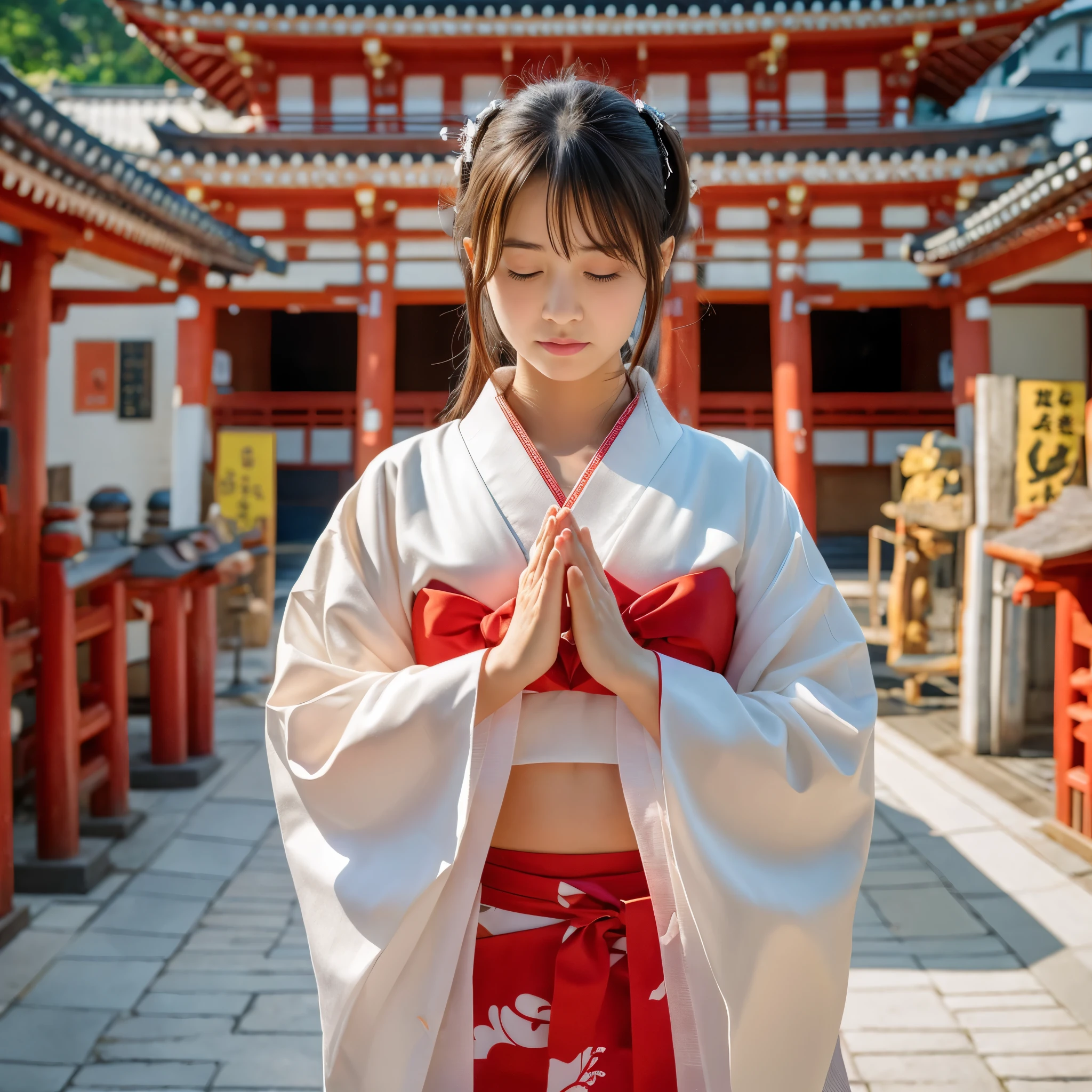 (Raw photo:1.2), (Photorealistic), Beautiful detailed girl, Very detailed eyes and face, Beautiful detailed eyes, Huge file size, High resolution, Very detailed, Best Quality, [masutepiece:1.6], Illustration, Very detailed, Fine detail, Best Quality, 8K Wallpaper, Movie Lighting, shrine maiden, praying in front of the shrine, Underwear, tying  hair, Wearing white underwear, White panties,  I see underwear,  White panties are visible, Eyes closed, expression of prayer, Slim body, Young Face, Small butt, Immature body,japanese god々Shii Shrine, stone pavement