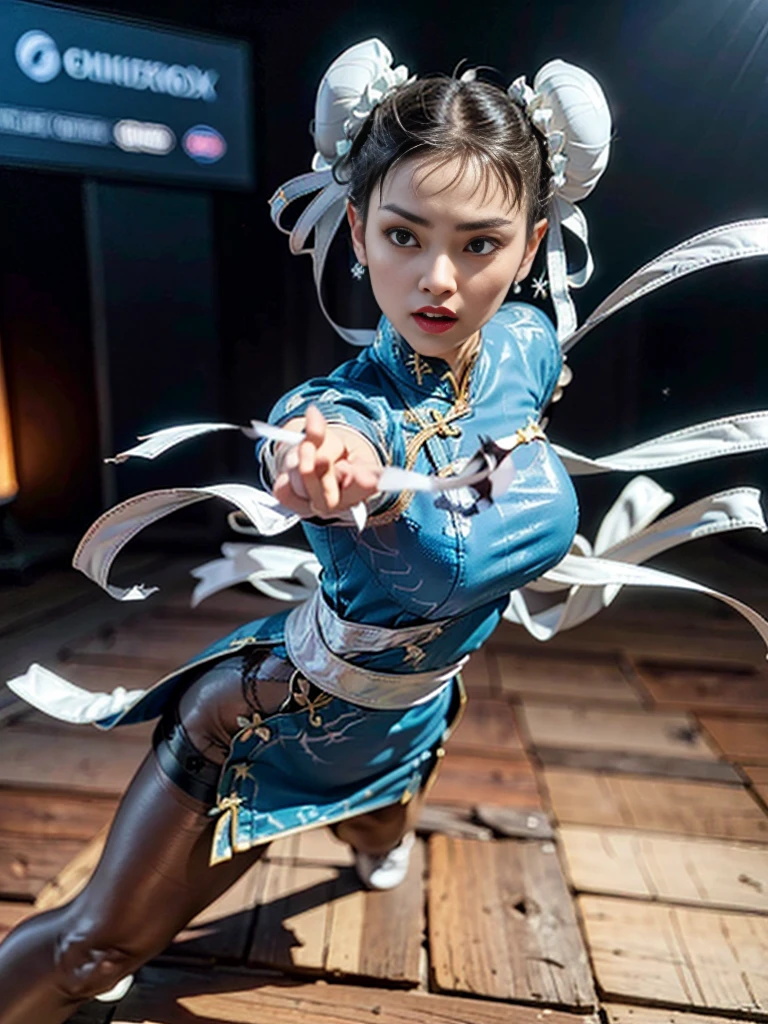 "(exquisitely detailed CG unity 8k wallpaper, masterpiece-quality with stunning realism), (best illumination, best shadow), (best quality), (elegant and demonic style:1.2), Arti modern anime. angled view, closeup full body portrait of stunningly beautiful mature Chunli from street fighter she has ((dark brown hair:1)), ((white laced boots:.5)), dynamic pose, (blue qipao dress:1.5), stunning body, in china at night with neon lights, coy flirty sexy cute expression, slim body, highly ornamented and detailed, brown sheer pantyhose, depth of field blur effect, night, full zoom, action portrait, photorealistic. cinematic lighting, highly detailed. best quality, 4k, Better hand, perfect anatomy, foreshortening effects, coy flirty sexy expression, foreshortening legs effect, (piercing eyes:0.8), surrounded by an ominous and dark atmosphere, accentuated by dramatic and striking lighting, imbued with a sense of surreal fantasy". (wearing white laced military boots:1), (night:1), (side angle view:.5), (raised butt:1), (metal spike bracelets:1), (leaning forwards:1), (white ribbons flowing from hair buns:1.5) (front view:1)