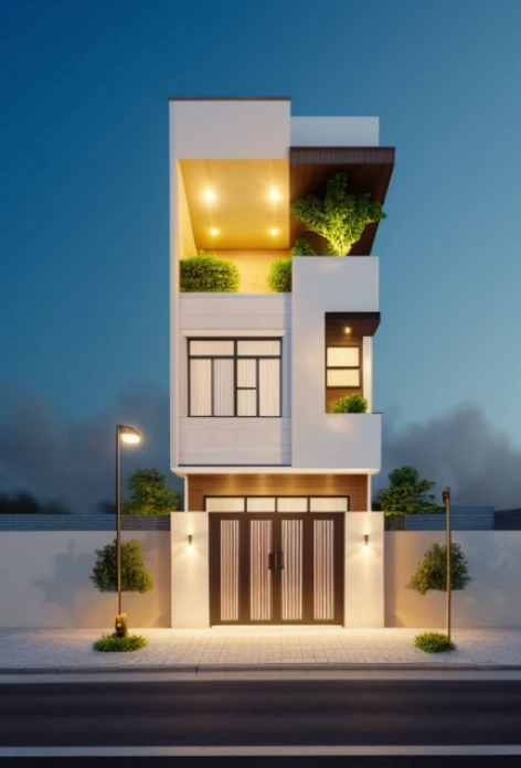 Realistic images, extremely detailed, a modern house, 1 road in font of house, large yard made by ceramic, (1 car), brick fence, lawn, a few small flowers, a road in front of the house, main materials of the house are white walls and red brick, Modern design, clear blue sky, sunrise light, light from inside, dynamic light,shimering light, cinematic light, romantic feeling, (((day light, warm light)))