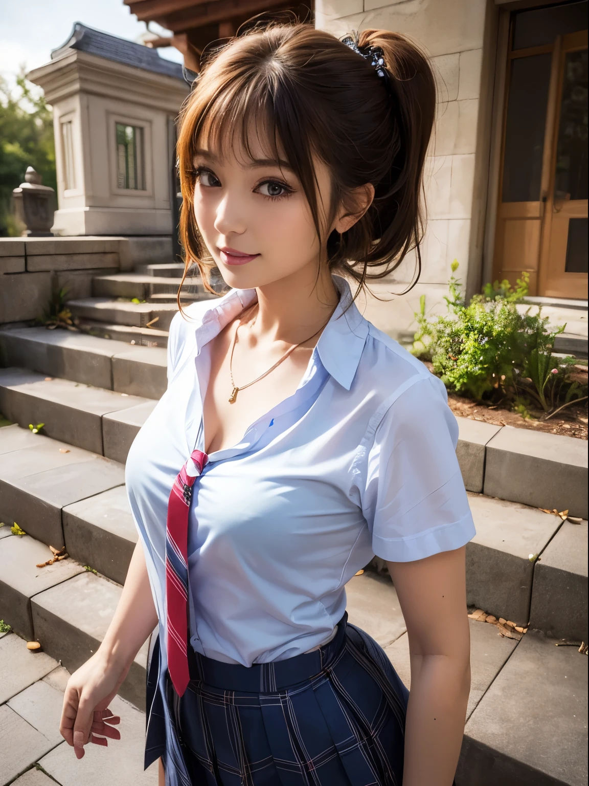 (masutepiece: 1.3), (max resolution: 1.2), (Ultra HDTV: 1.2), cinematric light, Ultra HDTV, (Detailed eyes and skin), (detailed facial features), nffsw, 8K resolution, Sharp Focus: 1.2, Perfect Style, Beautiful face, Perfect body, 准确, Anatomically correct, Highly detailed face and skin texture, Detailed eyes, Dark-blue eyes, Double eyelids, Thin eyebrows, Glitter Eyeliner: 1.2, Natural cheeks, Glossy skin, Fair skin: 1.2, shiny little necklace and earrings, (Glossy lips: 1.4), BREAK, One-person viewpoint, (she is very Cute high school student), (Wearing a Button up shirt, Pleated mini-skirt, Navy tie, High-sock rack bra that is slightly visible through the shirt:1.2), (Seductive smile: 1.2), ((a Innocent and cute girl:1.3)), (Side Ponytail Hairstyle, Wavy Hair), (ligh brown hair:1.2), Medium Long Hair, (Cowboy Shot: 1.2), BREAK, ((Very intimate relationships: 1.2)), medium large breasts, ((Looking at Viewer:1.2)), ((In the Outside stairs of the school:1.2)), (From Side:1.2),