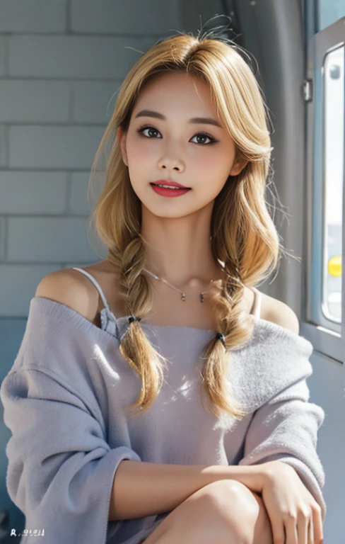 top-quality、masterpiece、超A high resolution、Photorealsitic、Raw foto、1girl in、Sexy appearance、Hair on the shoulders、The lower half is curled and sauvage、Cute smile like a model、Hair color is blonde、Ordinary high heels、Eyes are double、Wearing mascara、モデルのようなkawaiiポーズ、Clear face、Gorgeous like a model、Ultimate Beauty、Cute smile、A slight smil、TWICEのツウィみたいなrenな顔、masuter piece、Best Quality、Cold winter clothes、ren、kawaii、
