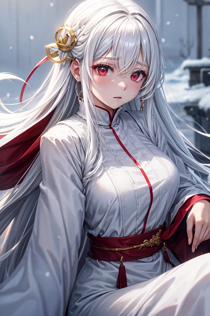queen、white hair、white dres、Gold decoration、red eyes、in snow、Exhaled breath is white