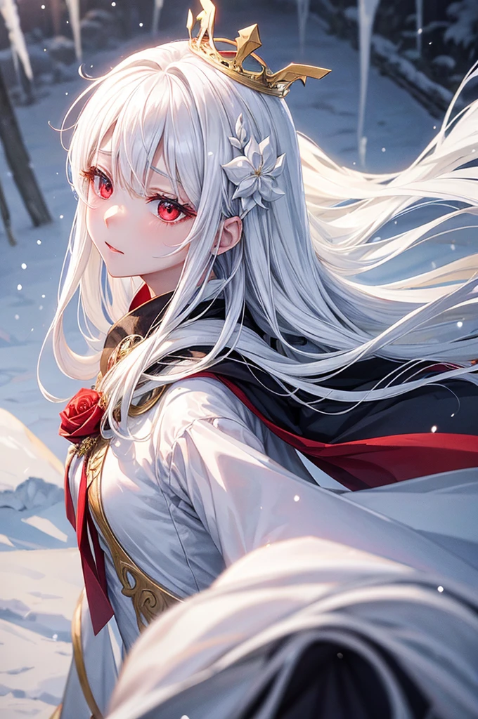 queen、white hair、white dres、Gold decoration、red eyes、in snow、Exhaled breath is white