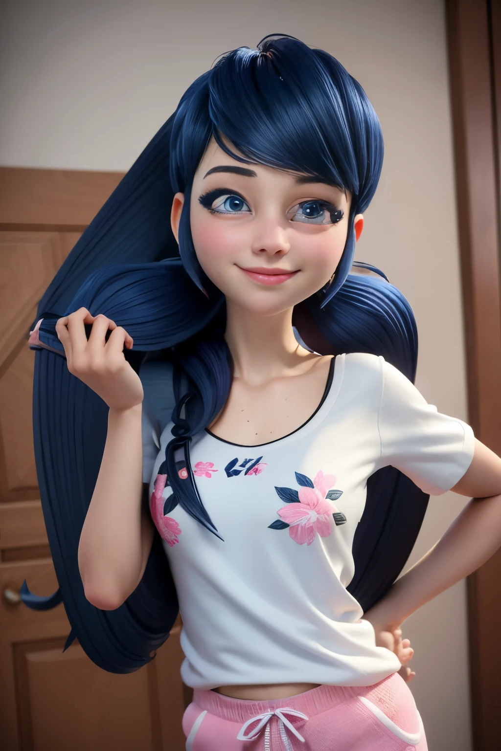 (8k, RAW photo, best quality, masterpiece:1.2), (intricate details), perfect eyes, perfect face, perfect lighting, beautiful, (masterpiece:1.2), (best quality:1.2), 1girl, solo, marinette, blue hair, long hair down,  torso, , slight smile, medium sized breasts, white t-shirt, pink sweatpants, long hair flowing down