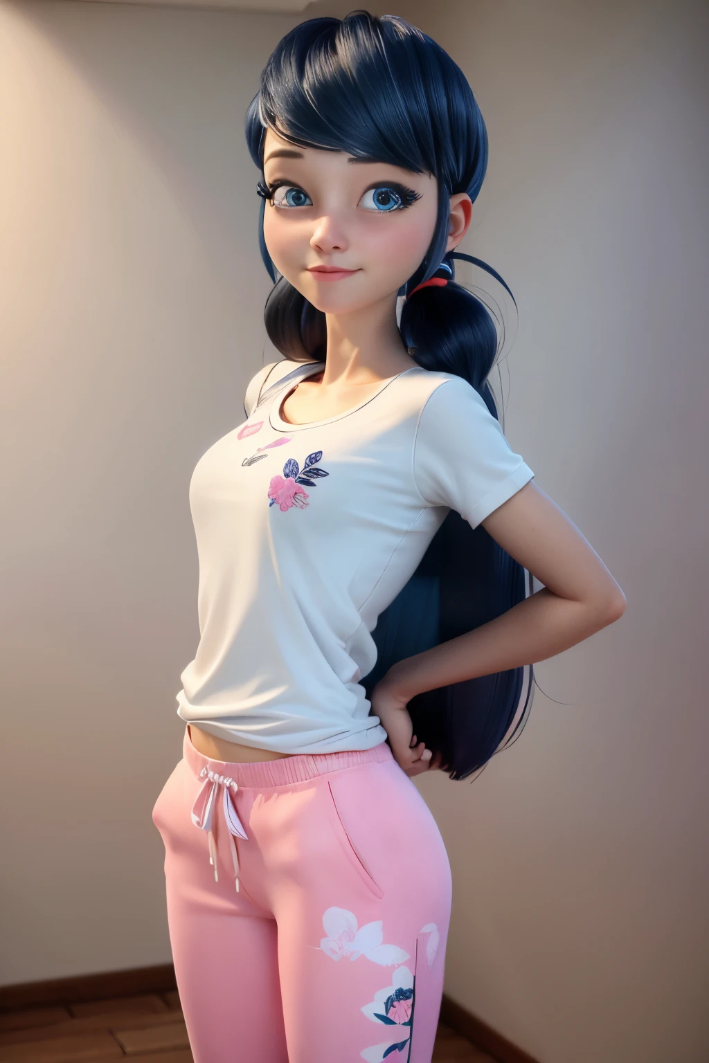 (8k, RAW photo, best quality, masterpiece:1.2), (intricate details), perfect eyes, perfect face, perfect lighting, beautiful, (masterpiece:1.2), (best quality:1.2), 1girl, solo, marinette, blue hair, long hair down,  torso, , slight smile, medium sized breasts, white t-shirt, pink sweatpants, long hair flowing down