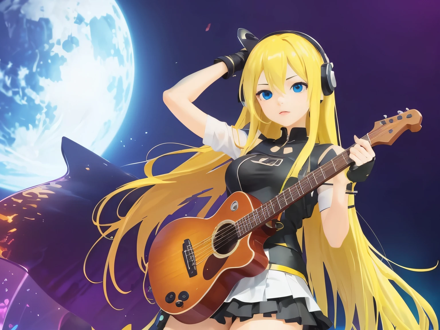 masterpiece, top quality 16k raw photo of Vocaloid3 Lily posing with guitar, blond hair blue eyes. navel look white skirt. black T-shirt. hand behind her head. gloves.