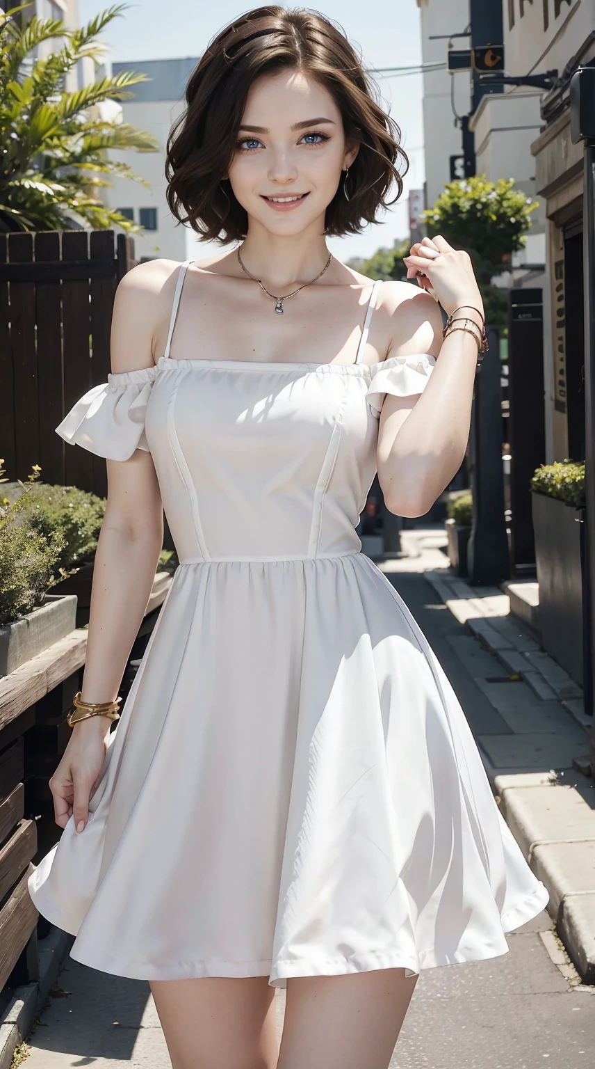 26 year old white woman、Hair is brunette、Eye color is blue、Short Bob、Slender but well-proportioned muscular body、accessories on the wrist、setting hair、a smile、I'm so excited、wearing a dress