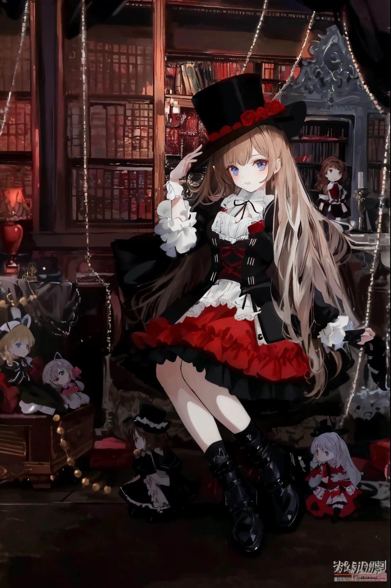a close up of a doll with a hat and dress, (brown hair:1.1), dollfie dream, ball jointed doll, magic school uniform, victorian gothic lolita fashion, detailed image, lolita style, magical school student uniform, anime barbie doll, lolita fashion, gothic regal, classical witch, black red white clothes, portrait of lolita, black rococo, gothic maiden anime girl