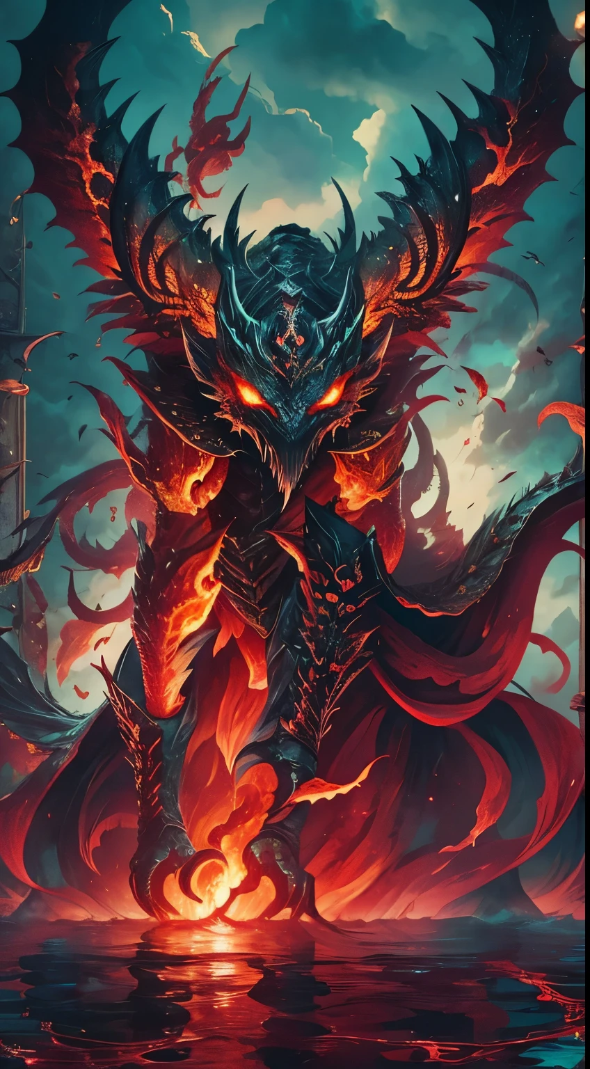 （The scaly messenger from hell：1.4），Look at me condescendingly，defiance，Nasty，The whole body is wrapped in red flames，The long hairs of the flame fluttered in the wind，（Super huge, Thick and sharp claws），（The whole body is covered with black scales：1.5），The scales are covered with thick barbs，Super thick and scary scales，Reflective Scales Bloodthirsty Demon，（Two claws fighting：1.4），Ugly face，closeup cleavage，Lightning streaked across the sky，Underfoot is a thick sea of cloudlood pond），（（Blood dripped from between the paws）），（stereoscopic perspective：1.4），artworks，ultradetailed，4K分辨率，high high quality，电影灯光，High picture detail，Detailed pubic hair，epic shooting