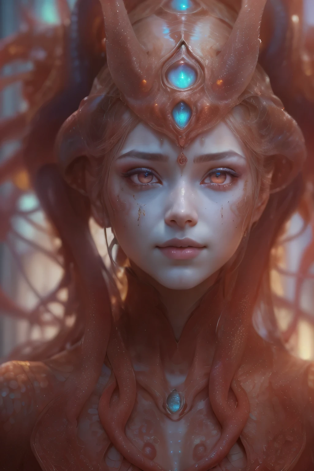Portrait, (beautiful female alien:1.2), (There is a female genital-like organ in the middle of the forehead.:1.8), (The most beautiful face in the history of the universe:1.2), (scarlet eyes:1.6), (Translucent skin:1.8), an evil gaze that seduces , (red eyes:1.5), Full body like, (bio luminescent:1.2),Slightly larger mouth, (Smile wickedly:1.3), (sexypose:1.5), alien, No humans, cells are fused, (Lots of translucent tentacles:1.1) (Translucent skin:1.3), extraterrestrial, cell, bio image, 魅惑的, Best Quality, 8K,4K_quality, High Definition, Dramatic Lighting, masutepiece:1.5,cinematic quality, detail up, (Intricate details:1.2), High resolution, High Definition, drawing faithfully, (Thick eyebrows:1.2), Beautiful eyes with fine symmetry, (Ultra detailed eyes:1.2),(Highly detailed face and eyes:1.2), (High-resolution red-eye:1.4), Intimate face, (Super detailed skin quality feeling:1.4), Perfect Anatomy, (Beautiful toned body:1.5), (Moist skin:1.2), No makeup, (dark circles:1.1), long canines, cinematic drawing of characters, ultra high quality model, cinematic quality, detail up, (Intricate details:1.2), High resolution, High Definition, drawing faithfully, Official art, Unity 8K wall , 8K Portrait, Best Quality, Very High resolution, ultra detailed artistic photography, midnight aura, unreal enginee 5, Ultra Sharp Focus, art by alberto seveso, ArtGerm, Roisch, intricate artwork, Medusa, best quality, masutepiece, ultra High resolution, (photos realistic:1.4), Ultra-realistic realism, dream-like, nautilus, Creation of fantasy, Snail, Dream Snail, biopunk nautilus, Thrilling color schemes, Ultra-realistic realism, seductively smiling, Blue tentacles