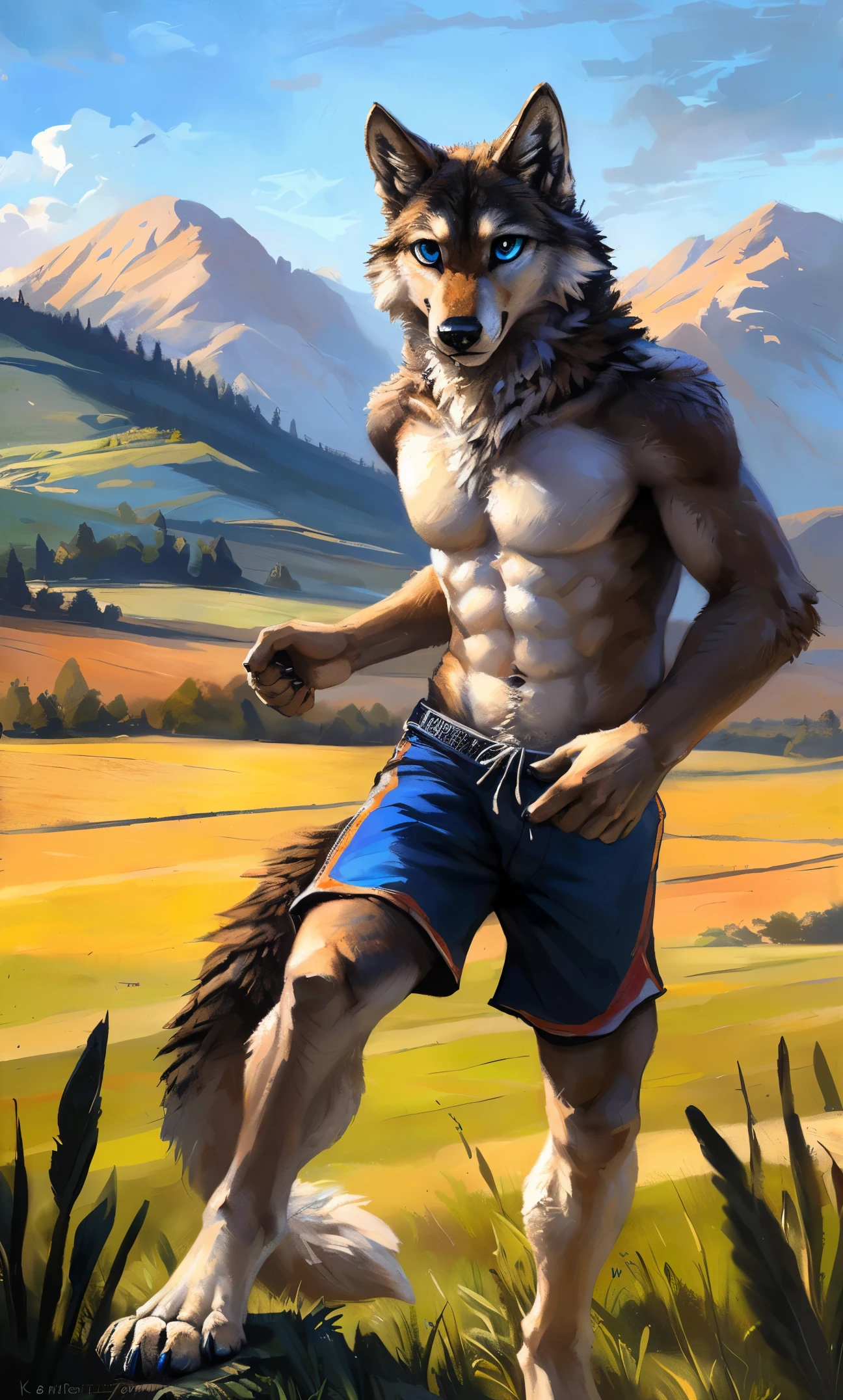 ((Solo)), male people, anthro wolf, (Multi-colored fur, White-brown:1.3，White tail pointed), (Height 2.1m,Tail length 1.2m), ((Wolf face, Big eyes, White eyelids, Blue pupil, Slim:1.2) (Tough, Calm expression:1.2)), Abs, Slim, pinging)), (Correct anatomy), (Work shorts:1.1), The upper body  naked, (detailed outfits),A long big tail，Feet，(Realistic fur, Detailed fur texture, labeled:1.3)), (Natural lighting), Photorealistic, Hyperrealistic, ultradetailed, by Kenket，Field，erect through，Running on