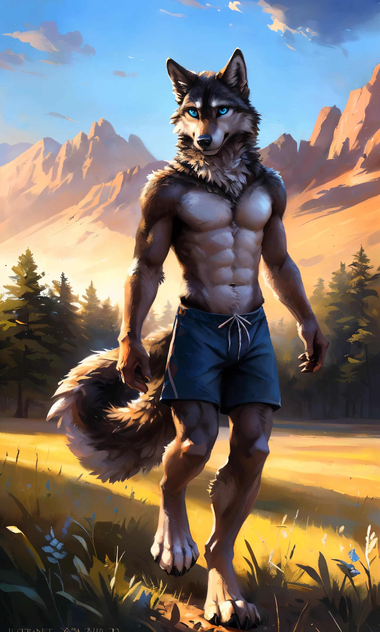 ((Solo)), male people, anthro wolf, (Multi-colored fur, White-brown:1.3，White tail pointed), (Height 2.1m,Tail length 1.2m), ((Wolf face, Big eyes, White eyelids, Blue pupil, Slim:1.2) (Tough, Calm expression:1.2)), Abs, Slim, pinging)), (Correct anatomy), (Work shorts:1.1), The upper body  naked, (detailed outfits),A long big tail，Feet，(Realistic fur, Detailed fur texture, labeled:1.3)), (Natural lighting), Photorealistic, Hyperrealistic, ultradetailed, by Kenket，Field，erect through，Running on