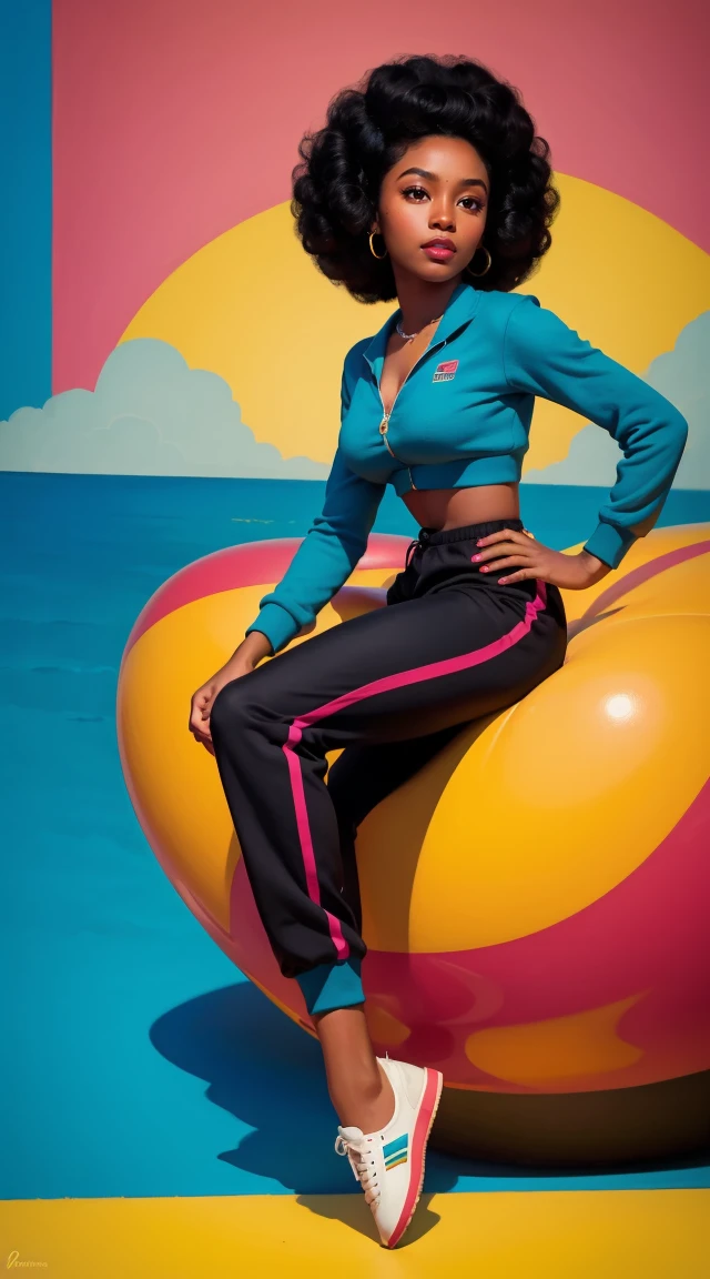20 years old girl , dark skin, afro hair, vintage, retro pin up style,sexy, sweatpants, colorful, masterpieces art work, illustrated,