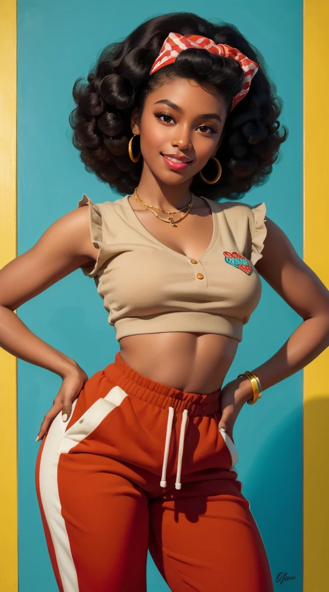 20 years old girl , dark skin, afro hair, vintage, retro pin up style,sexy, sweatpants, colorful, masterpieces art work, illustrated,