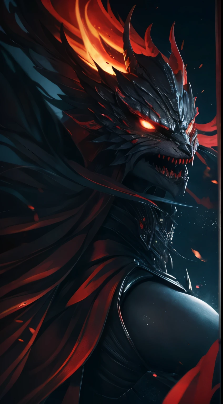 （Scale Messenger from Hell：1.4），Look at me condescendingly，defiance，Abominable，The whole body is wrapped in red flames，The long hairs of the flame fluttered in the wind，（Super huge, Claws are thick and sharp），（The whole body is covered with black scales：1.5），The scales are covered with thick barbs，The scales are super thick and scary，Reflective Scales Bloodthirsty Demon，（Two claws fighting：1.4），Ugly face，closeup cleavage，Lightning streaked across the sky，Underfoot is a thick sea of clouds and blood），（（Blood dripped from between the paws）），（stereoscopic perspective：1.4），artwork of a，ultra - detailed，4K分辨率，high high quality，电影灯光，High picture detail，Detailed pubic hair，epic shooting