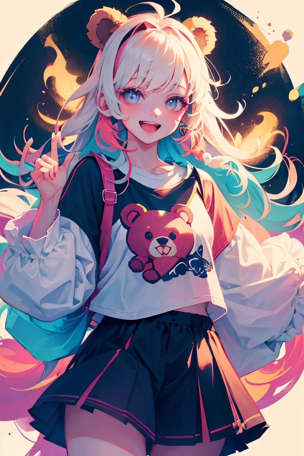(illustratio:1.3)Teddy bear with girl smiling with open mouth,Painted with multicolored inks,Punk style,Innocent, bear ears ,Radiant,Delicate,high-level image quality,Honey is dripping