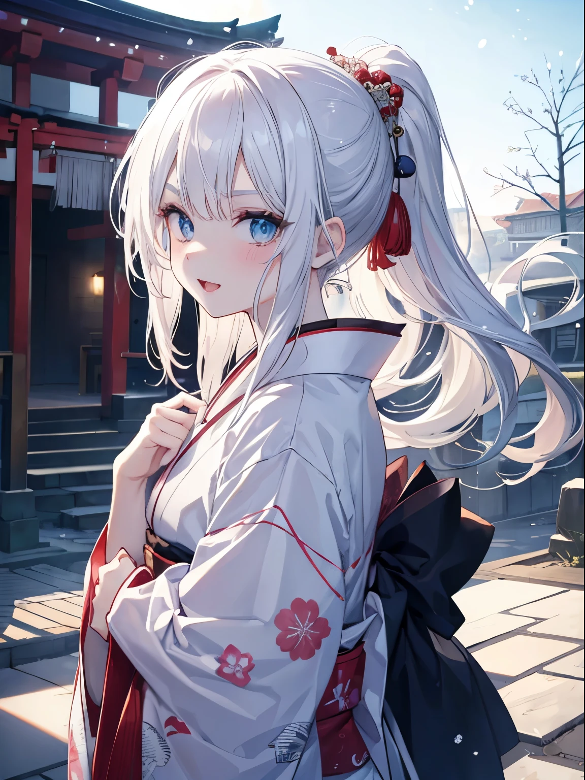 masutepiece, Highest Quality, (Perfect face:1.1), (high detailing:1.1), (ultradetailed eyes), Dramatic, superfine illustration, Extremely detailed, 1girl in, (pale skin), long white hair, ponytail,Ethereal eyes, Blue eyes,tareme, (light eyebrow),blush,Solo,Smile, Happy, Laugh, Enjoy, Open mouth, Pouty lips,Cinematic lighting, looking for viewer,from side,Cowboy Shot,kimono,outdoor,shrine,winter backgraund