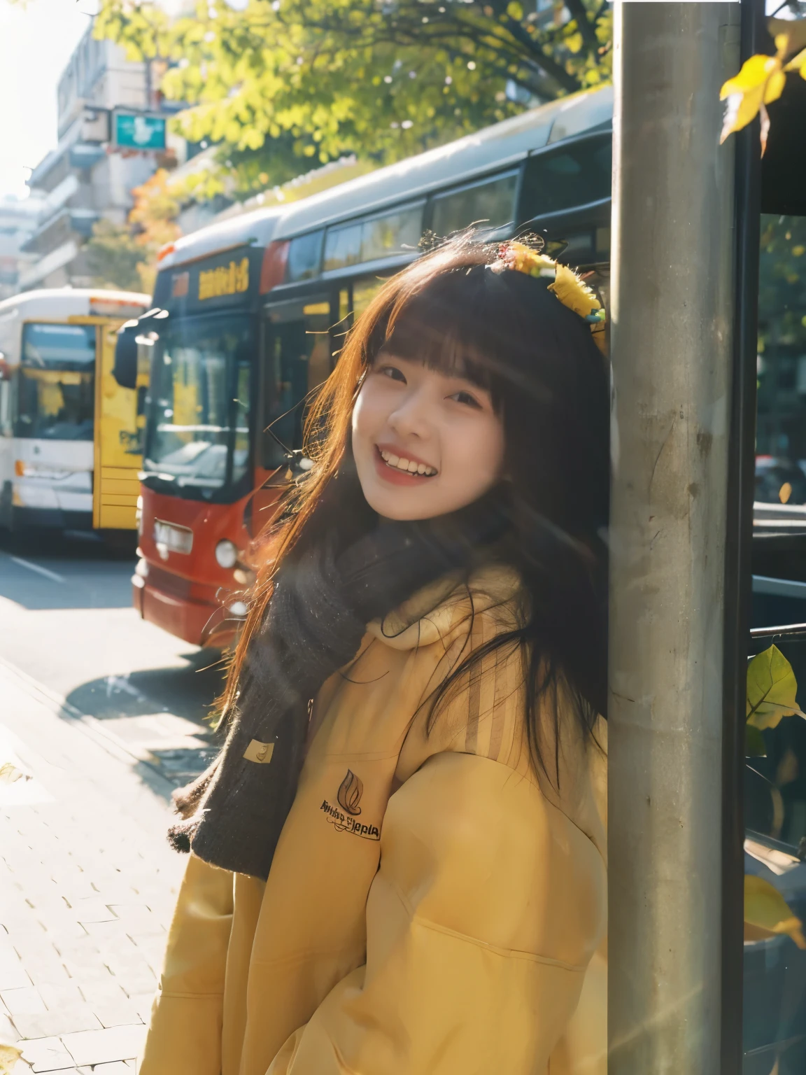 Take pictures on the street，There is a bus behind，tree with yellow leaves on head