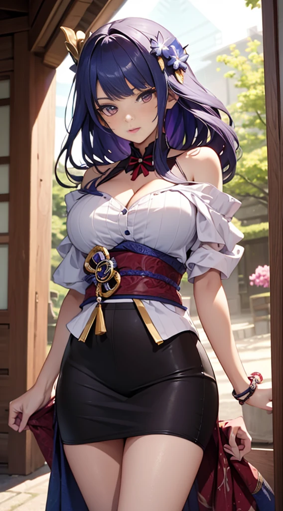 realistically，1个Giant Breast Girl，Blue hair，red eyes，glowing light eyes，cut the top，a skirt，Open lips，The face is red，natta，fresh flowers，suns，rays of sunshine，H-CUP Large, Japan goddess, Colossal tits