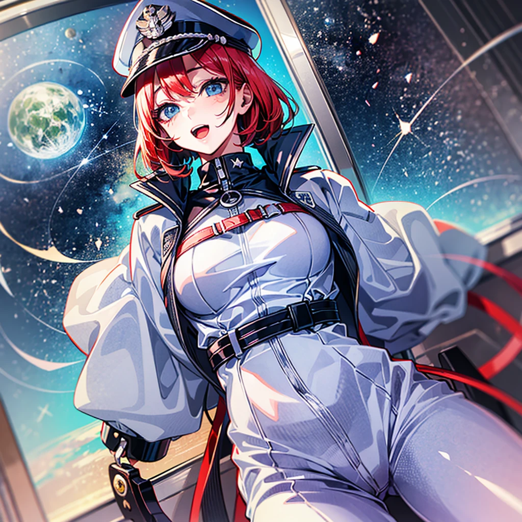 (((masterpiece)))、(((Top image quality)))、(((top-quality)))、(((highly detailed unity 8kwall-paper)))、(Illustration of one woman)、30-years old、(Viceroy)、((Red-haired shorthair))、(Thin hair hanging down both sides of the face)、Blue eyes、((Tall))、((Muscle Woman、stocky build、muscular legs、broad shoulders、solid chest))、((Military uniforms))、((Military Cap))、((Military coat))、(white clothes)、(White pants)、(White cap)、trench coat、((Inside the spaceship))、(The universe outside the window、Earth seen from space)