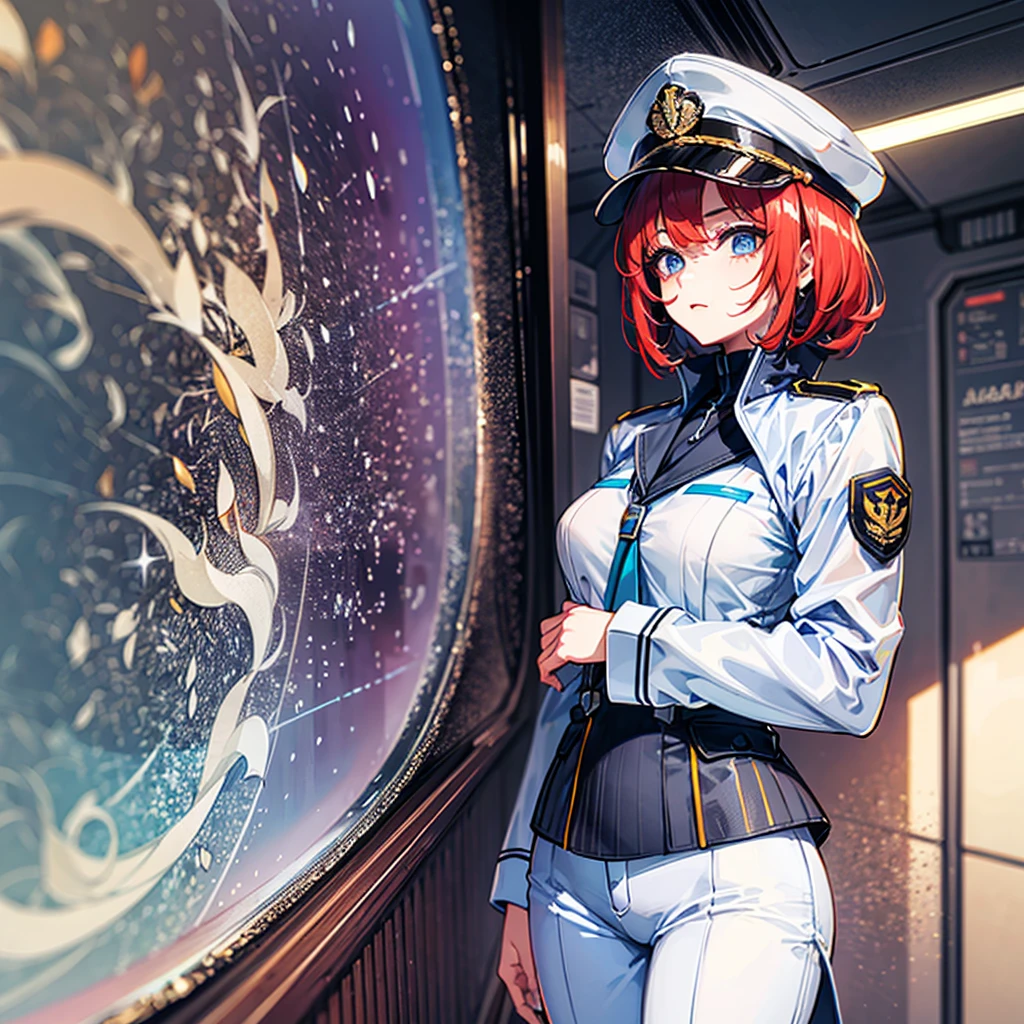(((masterpiece)))、(((Top image quality)))、(((top-quality)))、(((highly detailed unity 8kwall-paper)))、(Illustration of one woman)、30-years old、(Viceroy)、((Red-haired shorthair))、(Thin hair hanging down both sides of the face)、Blue eyes、((Tall))、((Muscle Woman、stocky build、muscular legs、broad shoulders、solid chest))、((Military uniforms))、((Military Cap))、((Military coat))、(white clothes)、(White pants)、(White cap)、trench coat、((Inside the spaceship))、(The universe outside the window、Earth seen from space、Spaceport)