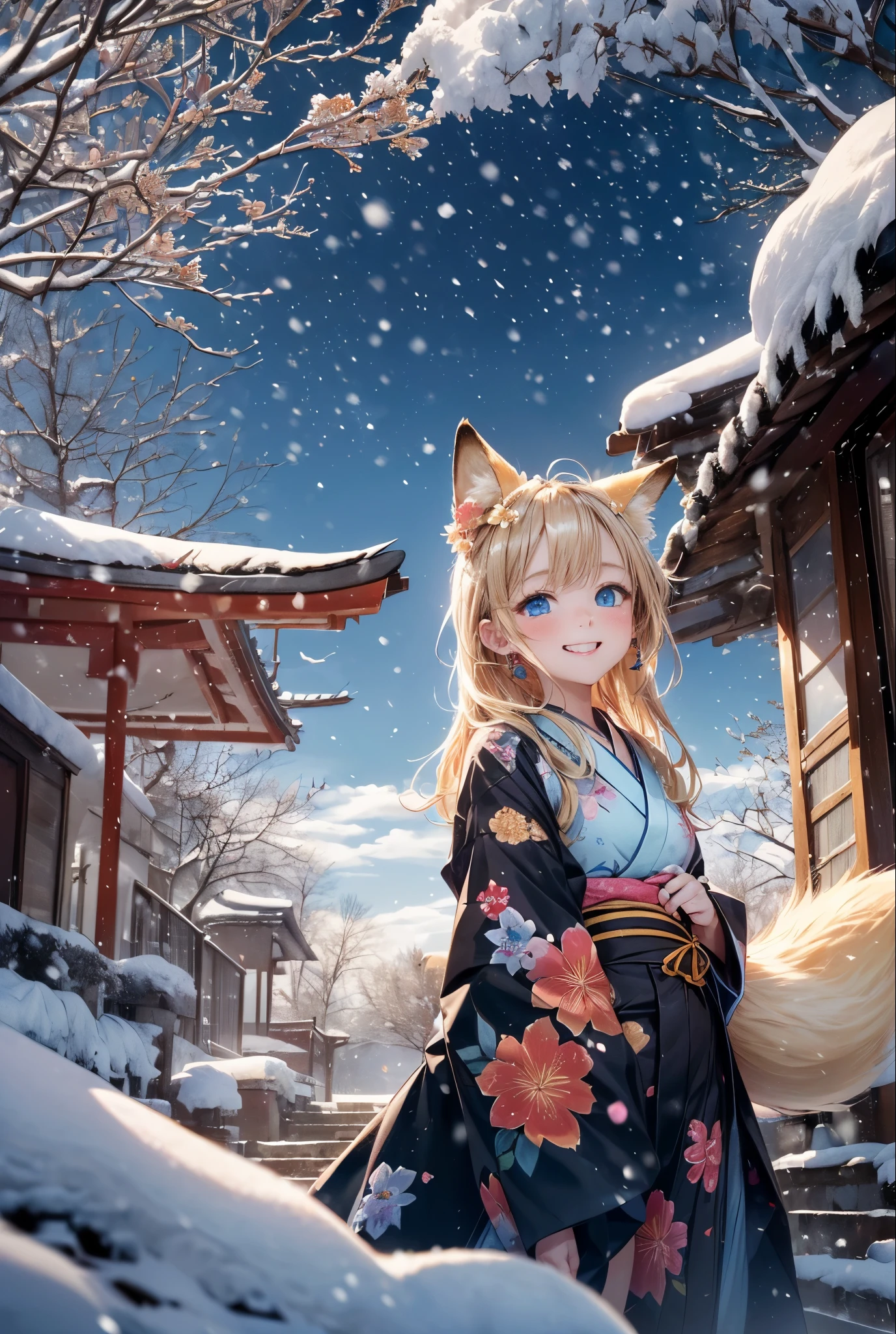 Melody Mark,of the highest quality, Best Masterpiece, ultra-detailliert,fox village, (1 fox girl),(It's snowing:1.3), (look up sky:1.3), (fox is playing:1.2), (Happy face: 1.3), red blush, (blonde short low tail: 1.4), Shiny hair, (Deep Blue Eyes:1.4), Small earrings, Small necklace,(Jet black and floral kimono:1.4),Sunlight,light reflections ,Kemomimi