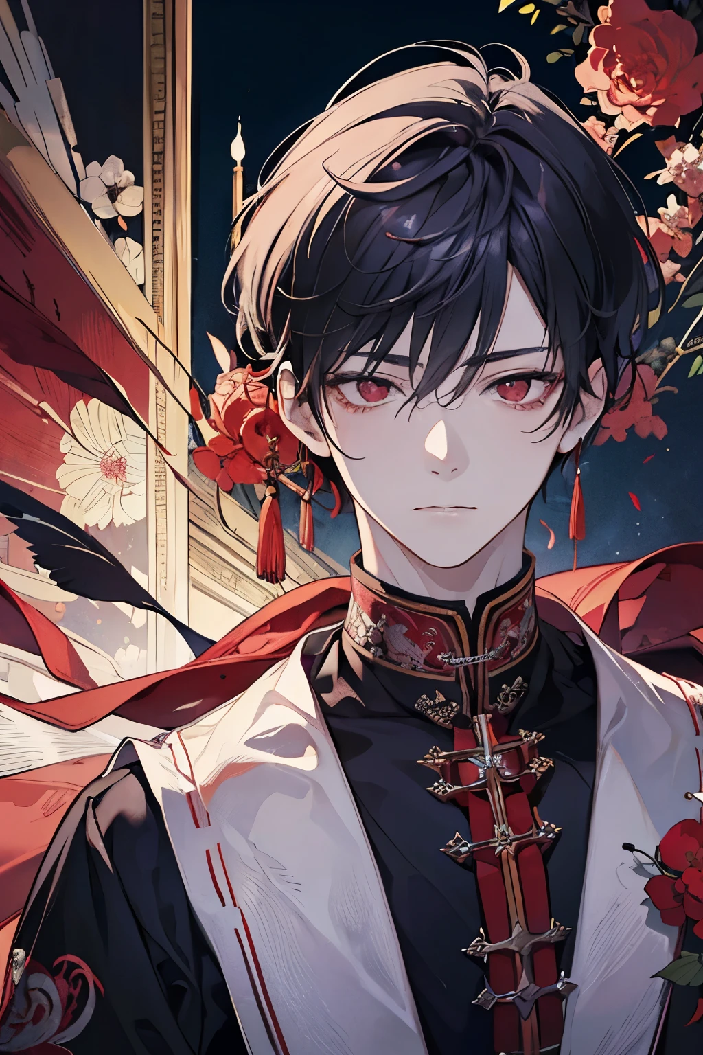 (masutepiece), (Best Quality), Highly detailed, 1 boy, Solo Focus，Perfect face, Beautiful face, extra detailed face，(A dark-haired:1.3)，(red eyes:1.3)，Fantasia，a gorgeous，Pedras preciosas