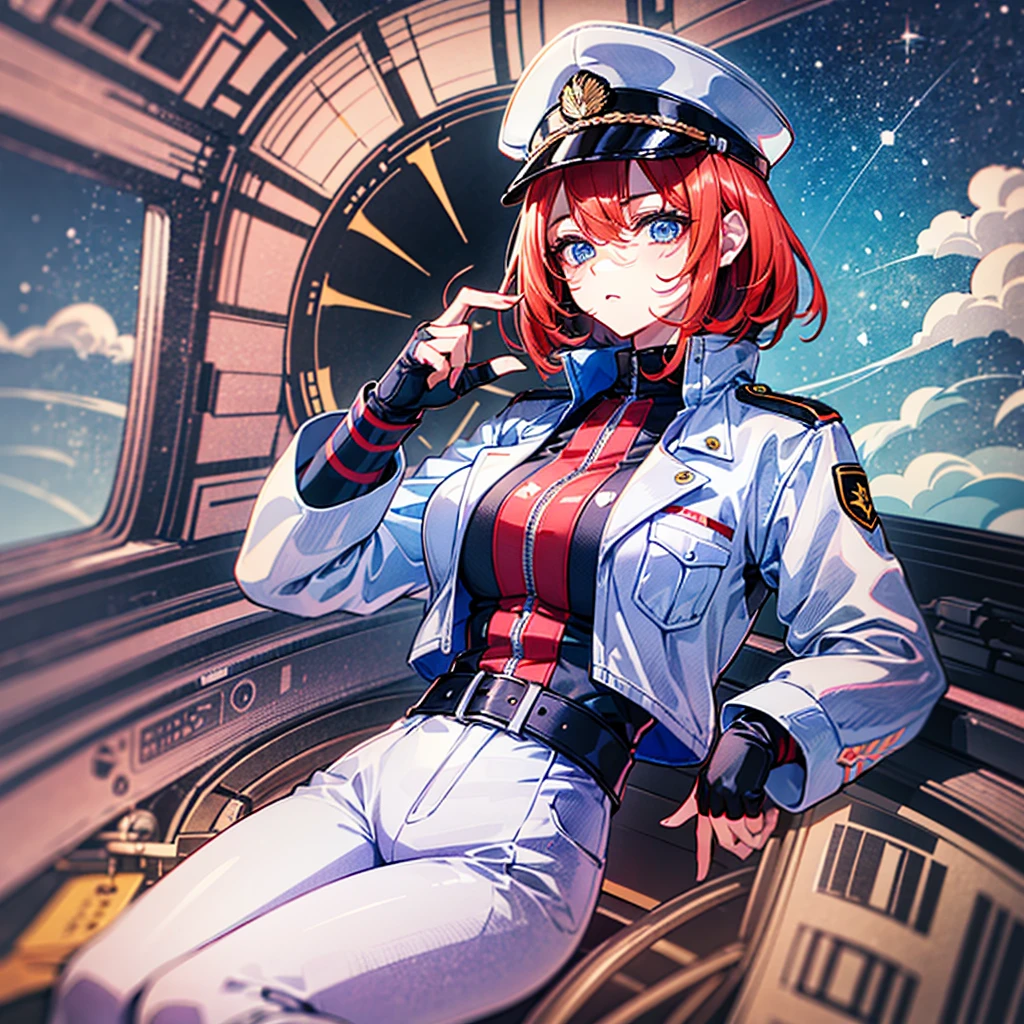 ((Masterpiece)), ((Highest Image Quality)), ((Best Quality)), (Illustration of One Girl), Full Body, 25 Years Old, ((Freckles)), Orange Hair Ponytail, Yellow Eyes, (Tall)), Big, ((((Muscular Strong Body)), ((Muscular Strong Body)), (Military Uniform)), (Military Hat)), ((Military Coat)), (White Clothes), (White Pants), (White Hat), Trench Coat, ((Inside the spacecraft)), (outside the window, space, Earth seen from space, spaceport)