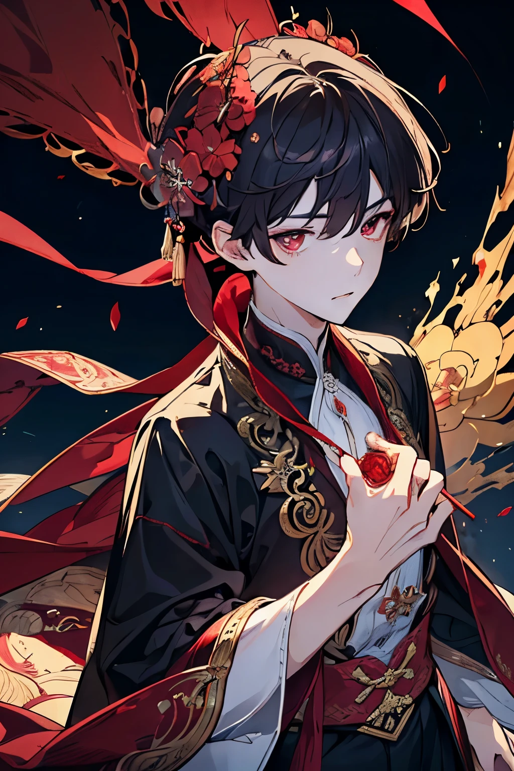 (masutepiece), (Best Quality), Highly detailed, 1 boy, Solo Focus,Perfect face, Beautiful face, extra detailed face,(A dark-haired:1.3),(red eyes:1.3),Fantasia,a gorgeous,Pedras preciosas