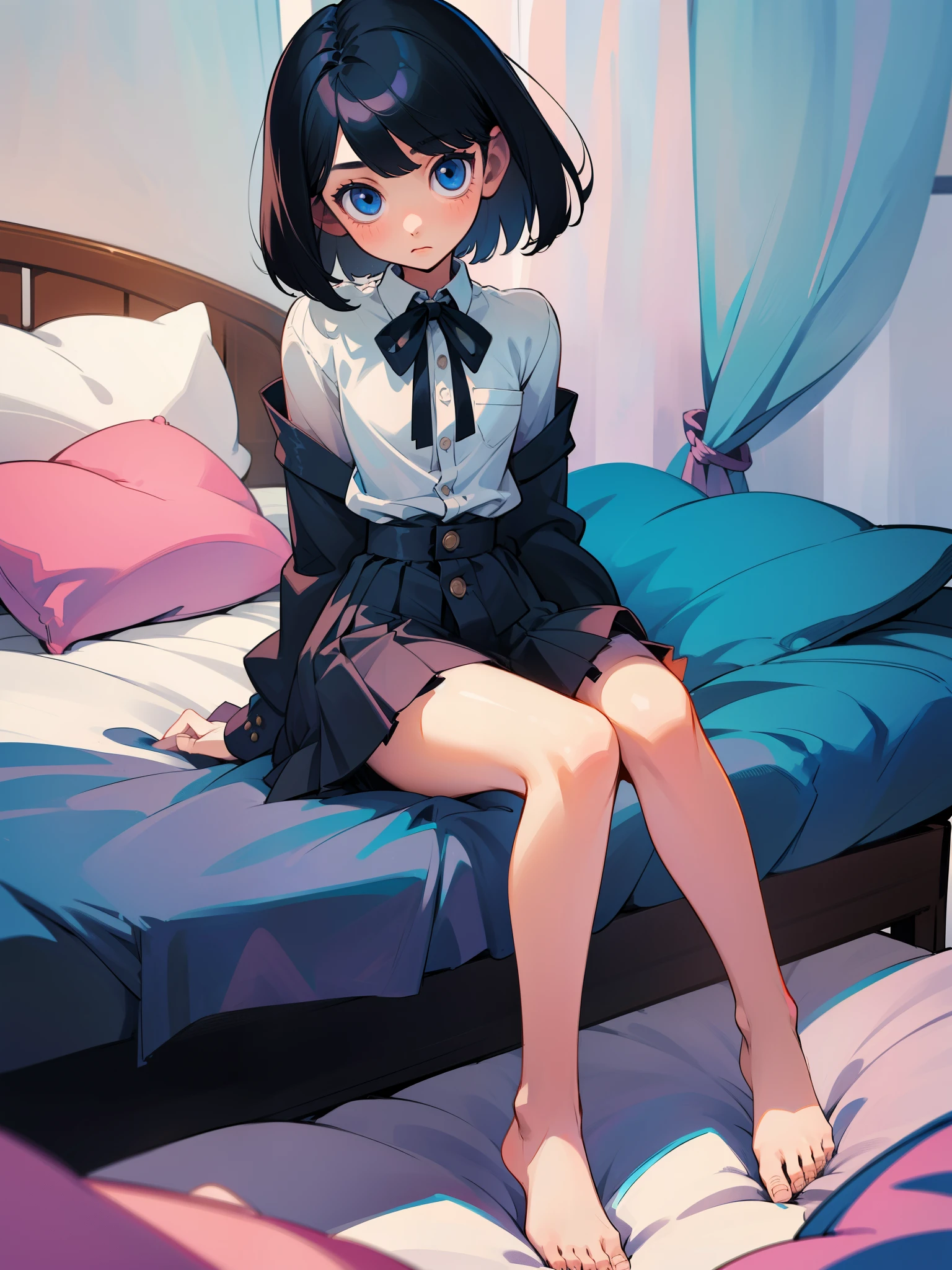 black color hair，Jk young girl with short and medium black hair，white short socks，White pile socks，8K，Need,tmasterpiece,Bedrooms，inns，whaite hair,Blue-eyed girl kneeling in front of the bed,White shirt with buttons unbuttoned,seminude，Look up at the perspective:1.5,Raised sexy,Hairline,is shy，Be red in the face，Fair skin,Cut off bangs，[Remove the white stockings from the legs with both hands]，Lower body naked，sitting on his knees on the bed，is shy