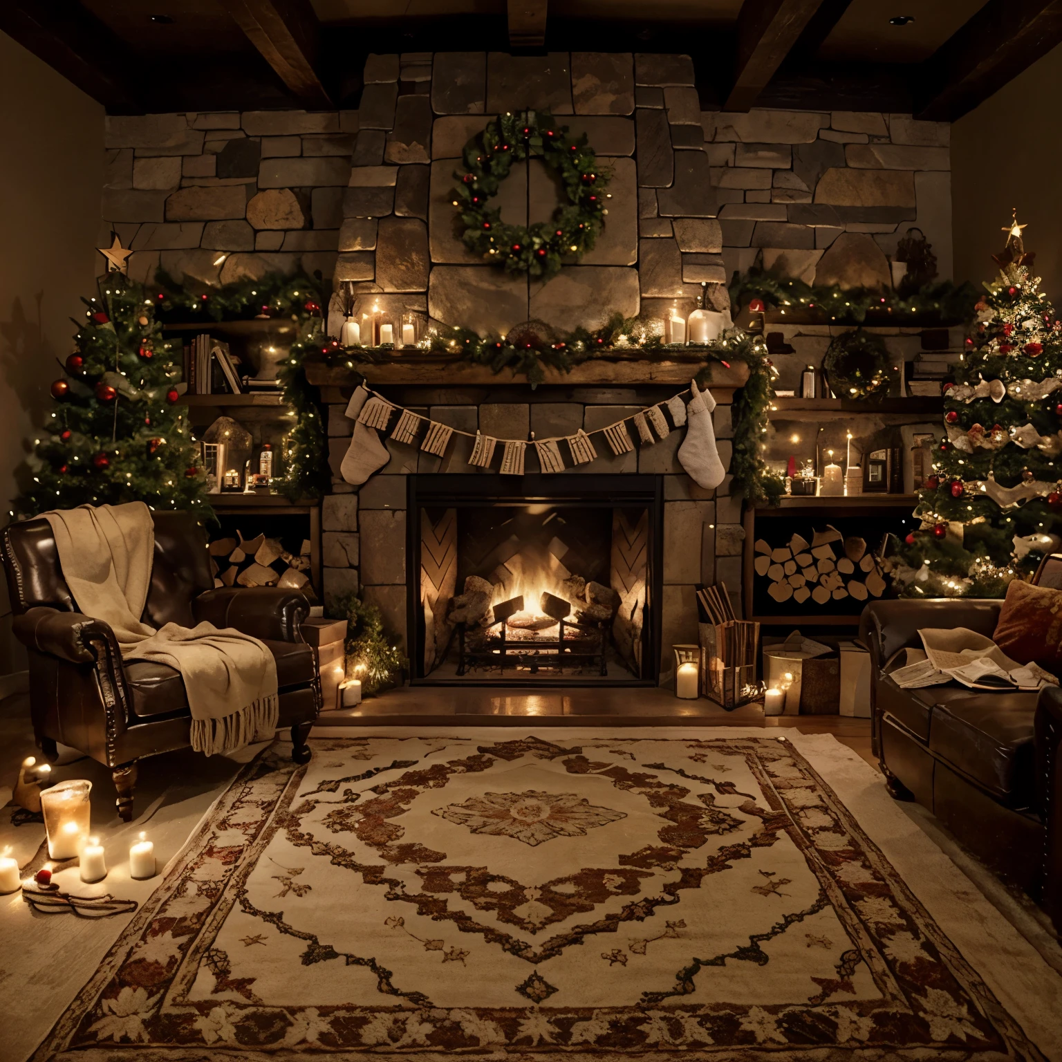 Stone fireplace; mantle decorated with garland, stockings, and candles; framed family portrait above mantle; rustic wooden coffee table; leather armchair; throw blanket; Christmas tree; string lights; ornaments; tinsel; rug; hardwood floor.