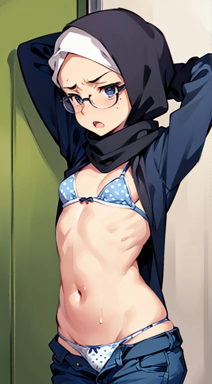 (((1woman))), (((solo woman))), Photo of a malay female with small breast (((molestation))) inside commuter train,, 20yo, petite, skinny, slender body, short body, (((tanned skin))), dimples, light, detailed face, embarrassed face, ((looking disgusted)), ((very angry)), (dissapointed),open mouth, (scream),((arms behind head)), Perfect breasts, natural breasts, A cup, (((hijab))), (((glasses))), (((polka dots cotton bra))), (((shirt))), (((polka dots cotton panties))), (((pulled down jeans))), (sweat:1.0), (wet)