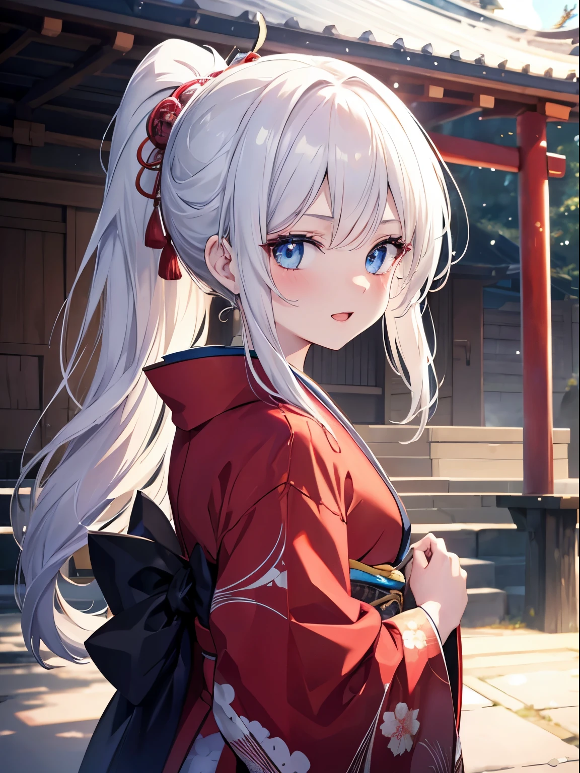 masutepiece, Highest Quality, (Perfect face:1.1), (high detailing:1.1), (ultradetailed eyes), Dramatic, superfine illustration, Extremely detailed, 1girl in, (pale skin), long white hair, ponytail,Ethereal eyes, Blue eyes,tareme, (light eyebrow),blush,Solo,Smile, Happy, Laugh, Enjoy, Open mouth, Pouty lips,Cinematic lighting, looking for viewer,from side,Cowboy Shot,kimono,outdoor,shrine,winter backgraund
