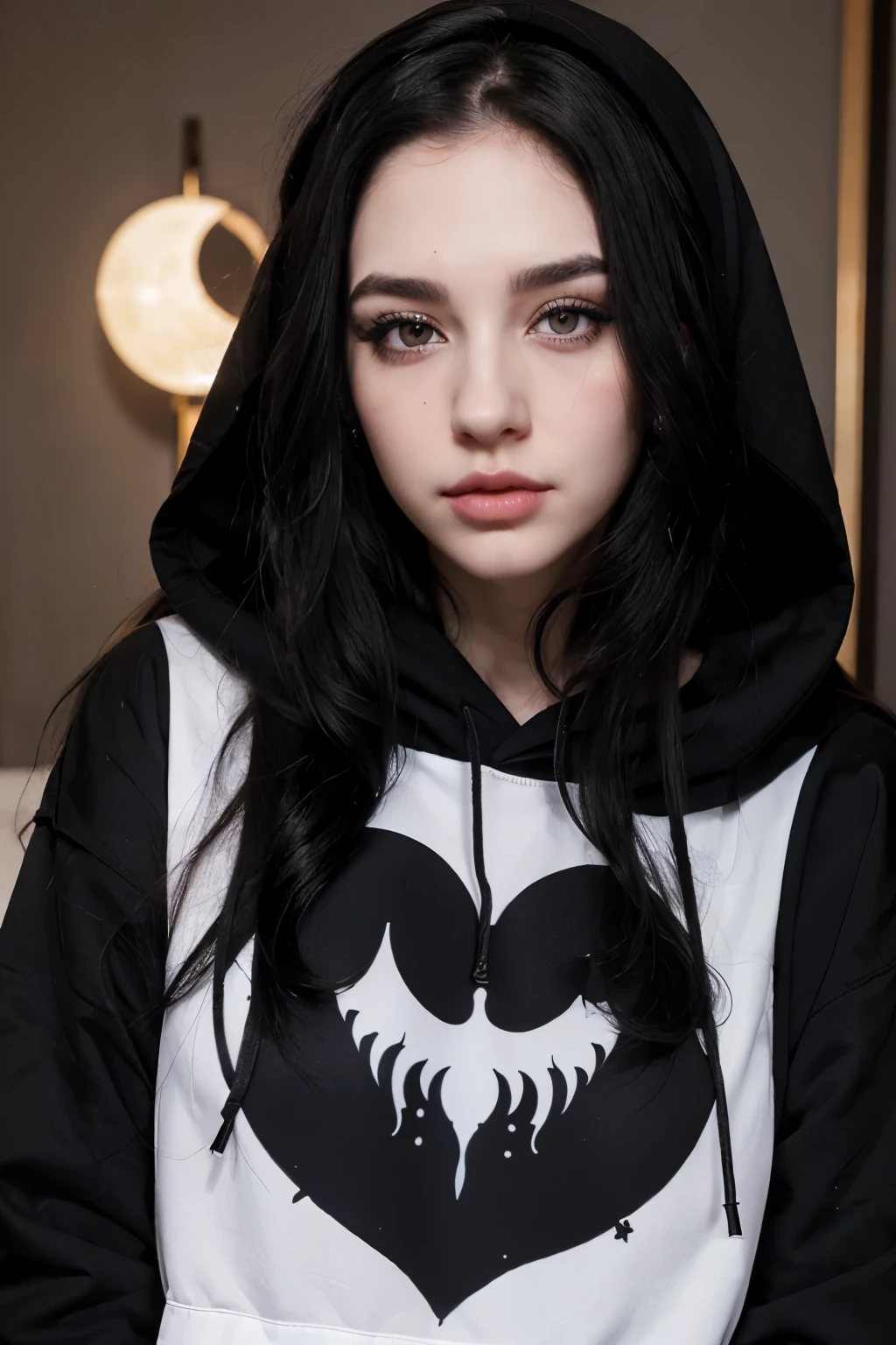 A girl, pale skin, long curly black hair, voluminous hair, portrait full face painting of a, kblack eyes, thin nose, pouty lips, crescent moon tattoo on face, black hoodie