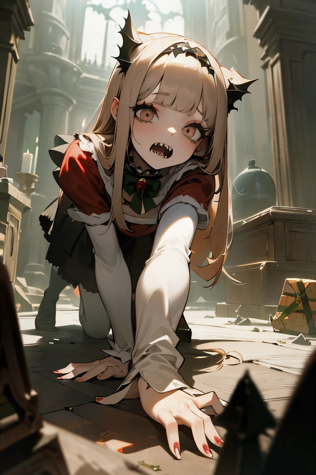 Anime. 1 girl. Young woman. Elf. Slave. Pregnant. Barren pregnancy. Slave collar. Shackles. Dirty tunic. Torn tunic. Blonde. Long hair. Green eyes. Beautiful eyes. Pointy ears. Cold. Runny nose. Sneeze. Sneezes. Snot flows from the nose. Covers his nose with his hands. Snot runs from the nose to the palms after sneezing. Standing. Full body.