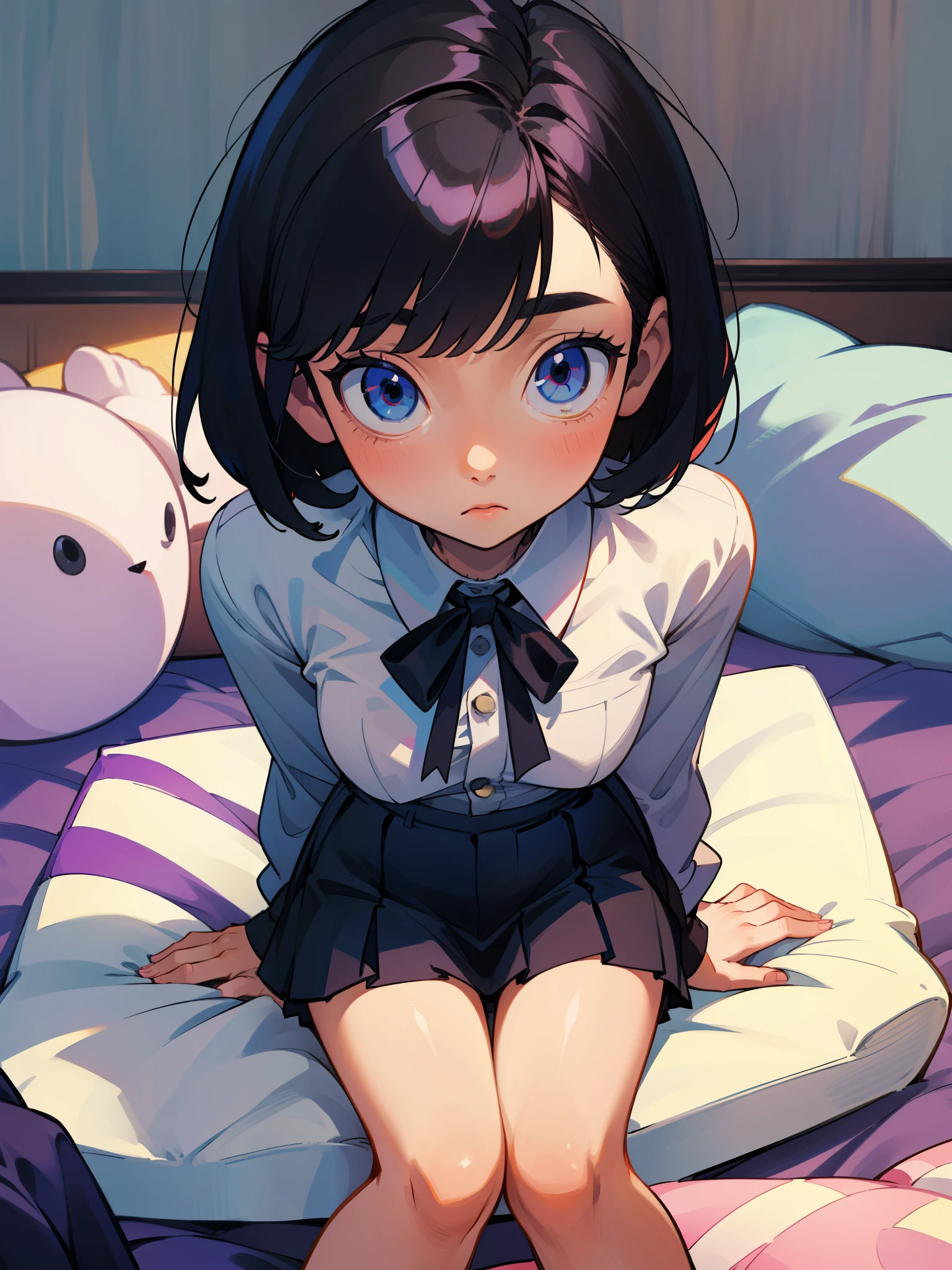 Petite woman with black hair short bob、White shirt with ribbon、1st button 2nd button open、a miniskirt、Sitting in bed、Bare legged、Depicted to the toes、skinny thigh、Looking up at me