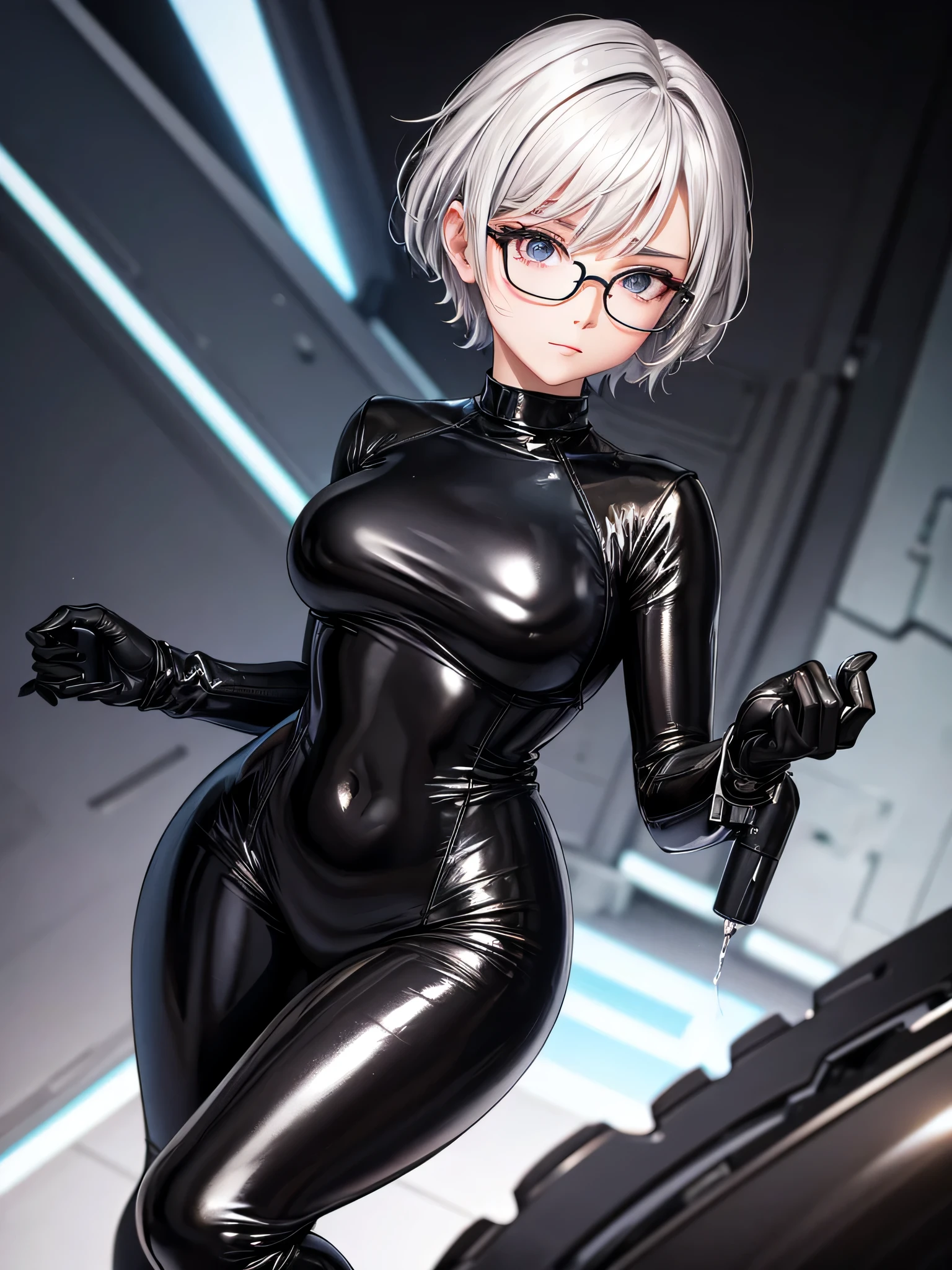 Top quality 8K UHD、Wearing glasses、Beautiful woman with short silver hair wearing a black metallic latex sweatsuit with her hands tied behind her back.、black metallic latex sweatsuit with hidden skin