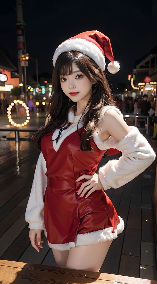 1 japanese girl, Looking at the snowy amusement park, dressed in圣诞老人服装的年轻女子双腿分开站立,bikini bikini bikini, Married woman, 摩洛解放阵线, mature, 巨The large的惊人女神拍摄, Japan goddess, Very and sexy, 强The large而巨The large, jaw-droppingly beautiful, Japan goddess, 非常The large的, The large, ((Santa Claus Miniskirt Costume and Hat)), (dressed in:red mini dress,Decorated with white fur, Thick black band, Red long leather boots), (The large腿可见), (lean forward at you), (Fireworks are set off in the amusement park at night), in the snow, (Background with: City at night decorated with Christmas lights), 动物角色在Background with中跳舞, ((quality, 8K, On the table:1.3)), FULL-BODY ESBIAN, long leges, Beautiful woman with perfect figure:1.4, Slim abs:1.1, ((dark brown hair、巨The large的山雀:1.2)), Highly Detailed Face and Skin Textur, 詳細な目, 二重まぶた, (Look from the bottom up), from knee to, long slim figure, Smiling, (hair messy, asymmetricalbangs, Light brown hair,)